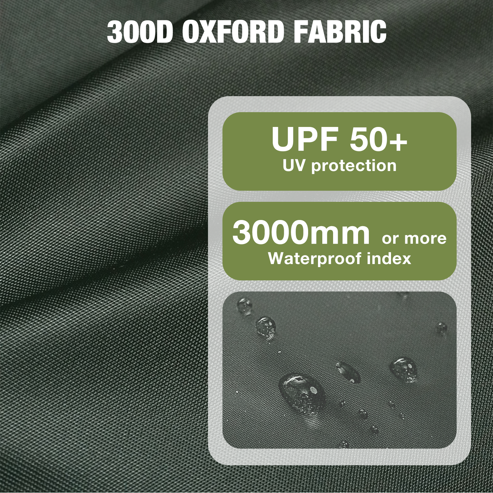 Gros plan sur un tissu vert avec des gouttelettes d'eau. Le texte indique un tissu Oxford 300D avec protection UV.