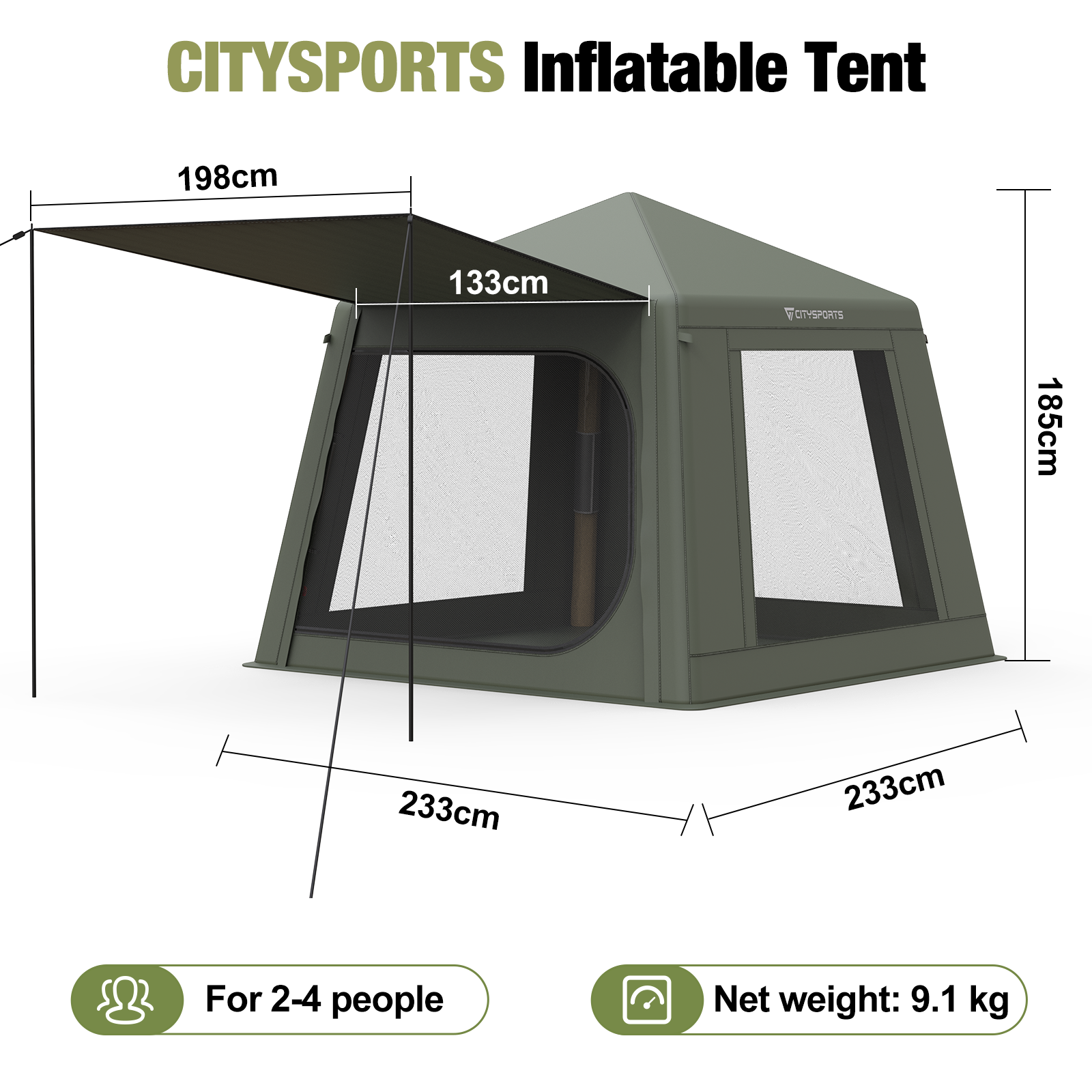 Configuration de tente verte avec dimensions. Le texte indique pour 2 à 4 personnes et un poids net de 9,1 kg. Logo CITYSPORTS.