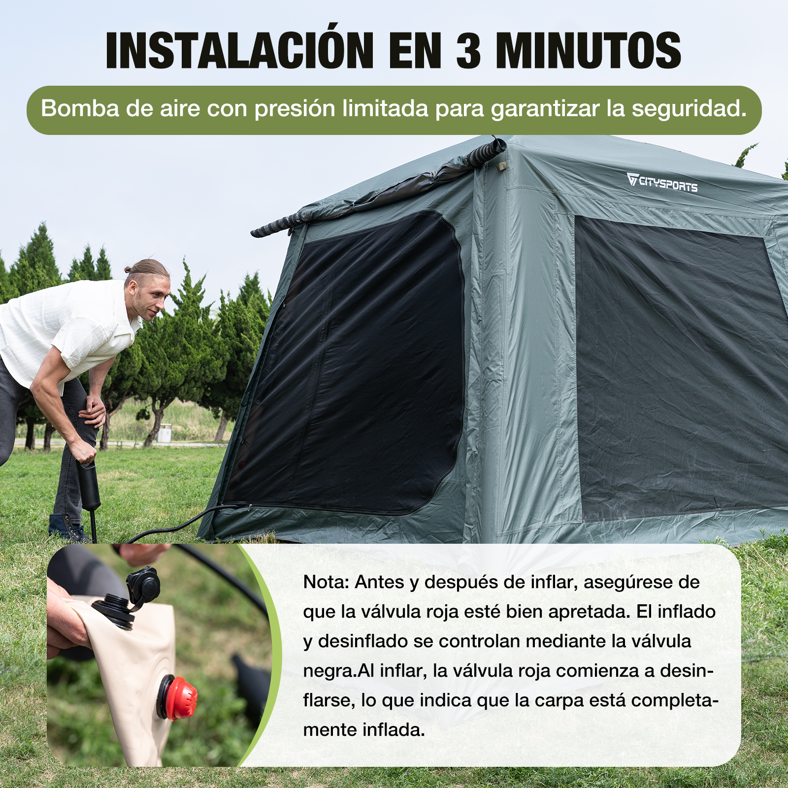 Un hombre bombea una tienda de campaña. Un primer plano muestra la válvula y la conexión de la bomba.