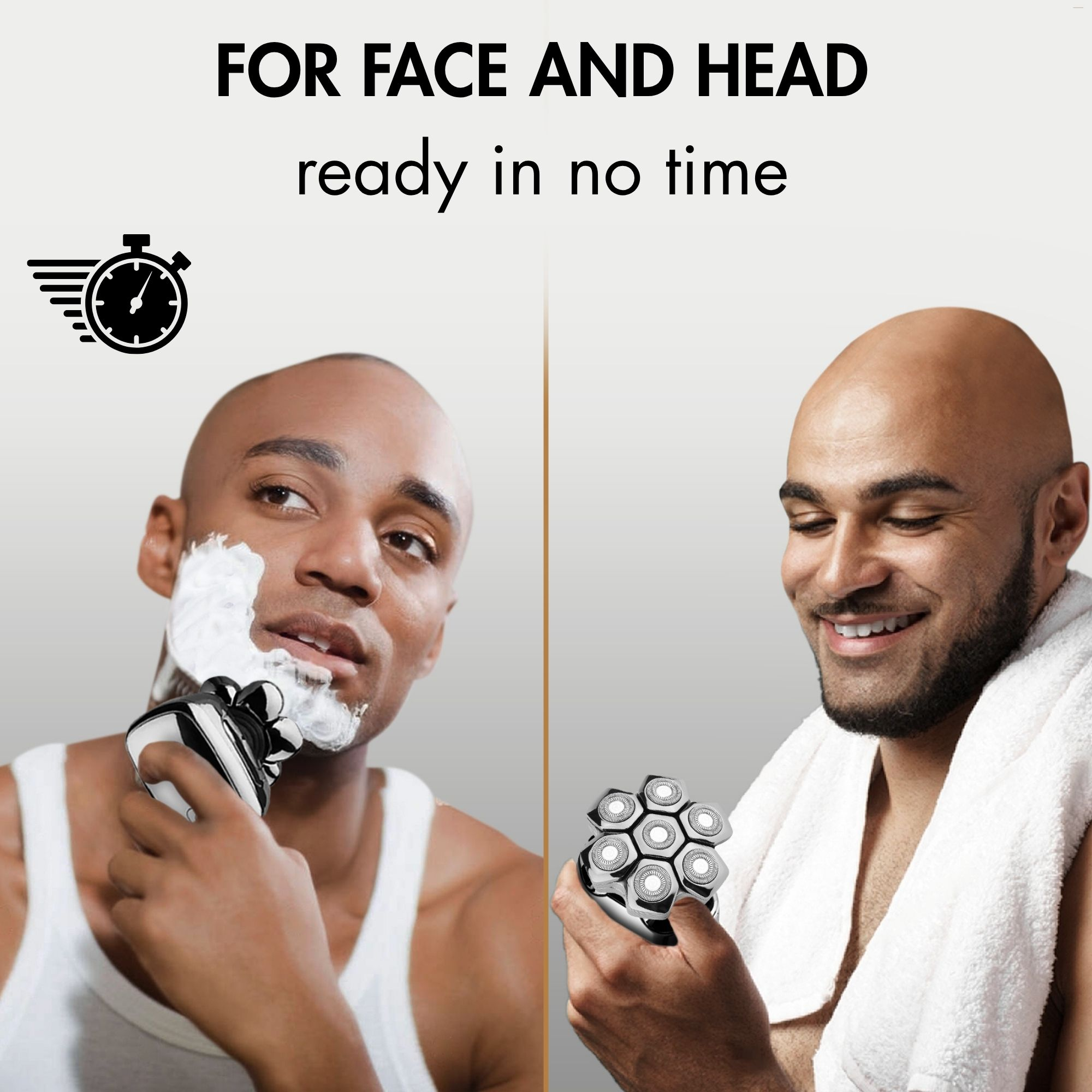 Zwei Männer rasieren sich. Einer rasiert sich mit einem Rasierer, der andere hält einen Rasiererkopf. Text sagt 'FOR FACE AND HEAD'.