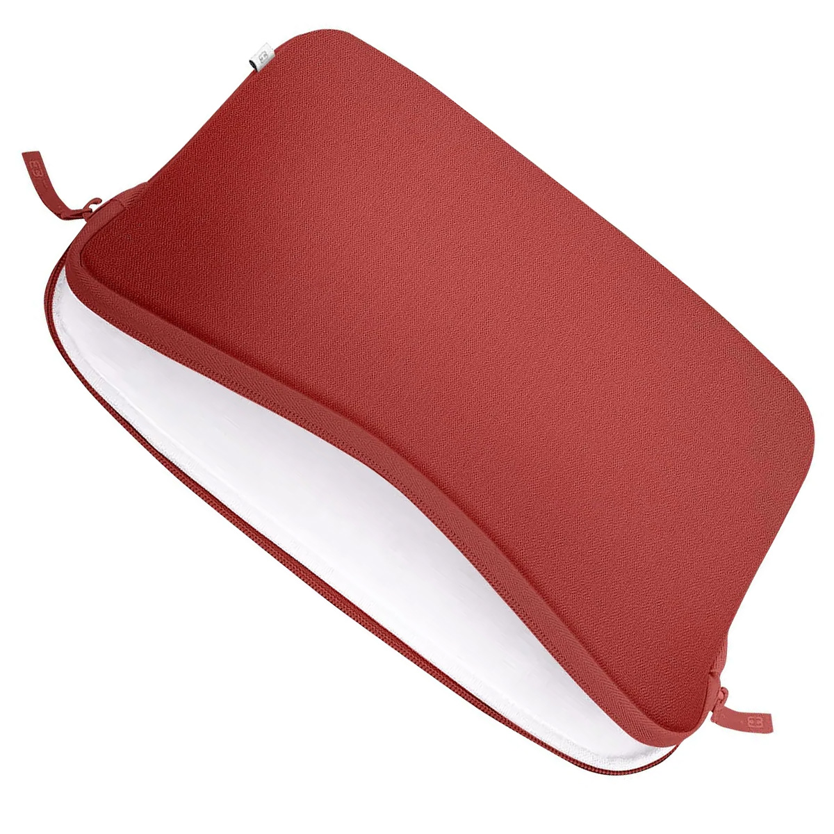 Une housse d'ordinateur portable rouge, ouverte, révélant un intérieur blanc.