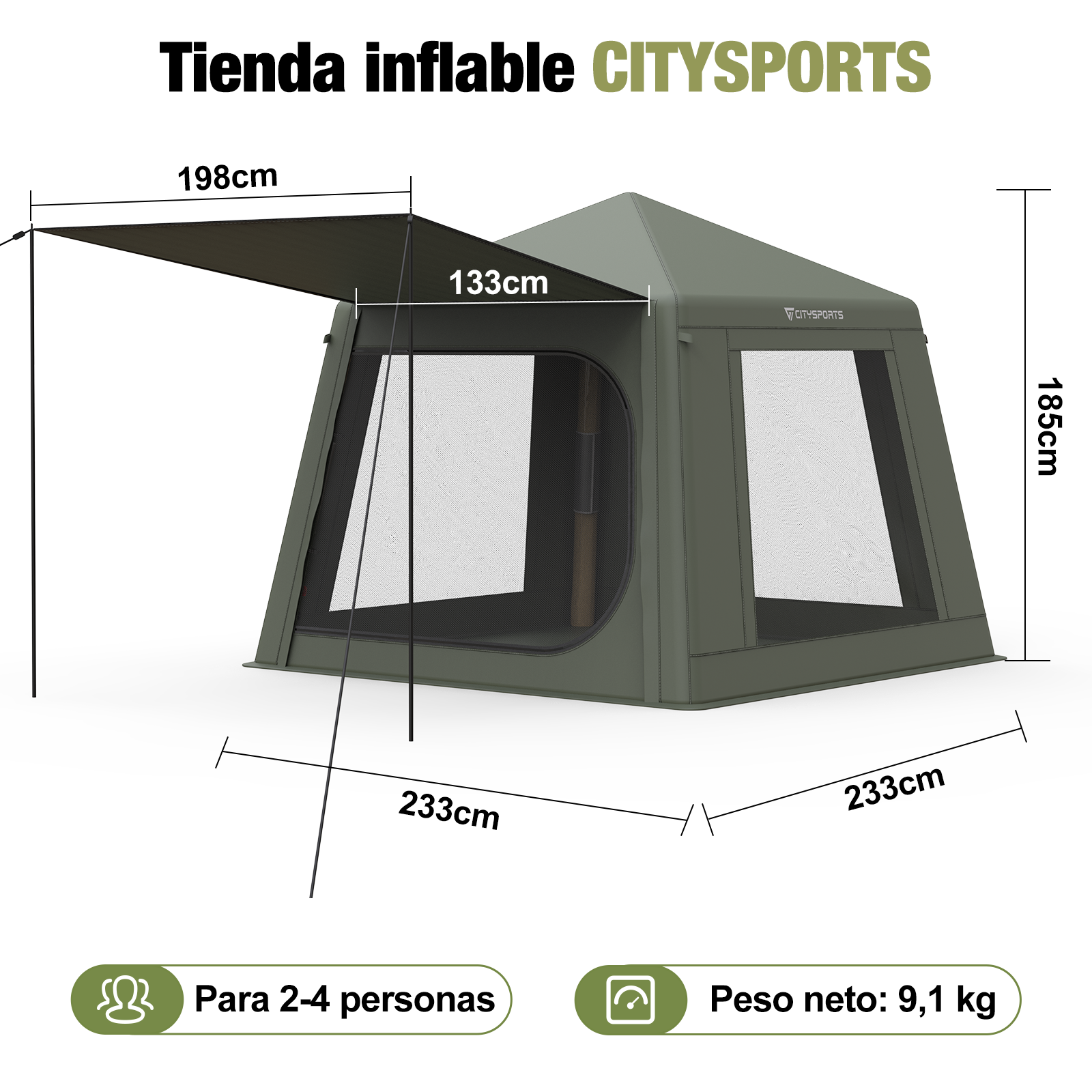 Tienda verde con dimensiones etiquetadas. El texto dice "Para 2-4 personas" y "Peso neto: 9,1 kg".