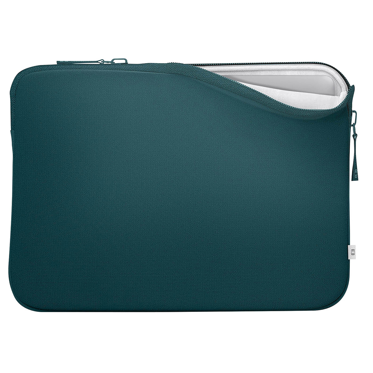 Housse d'ordinateur portable sarcelle, partiellement dézippée, montrant l'intérieur blanc.