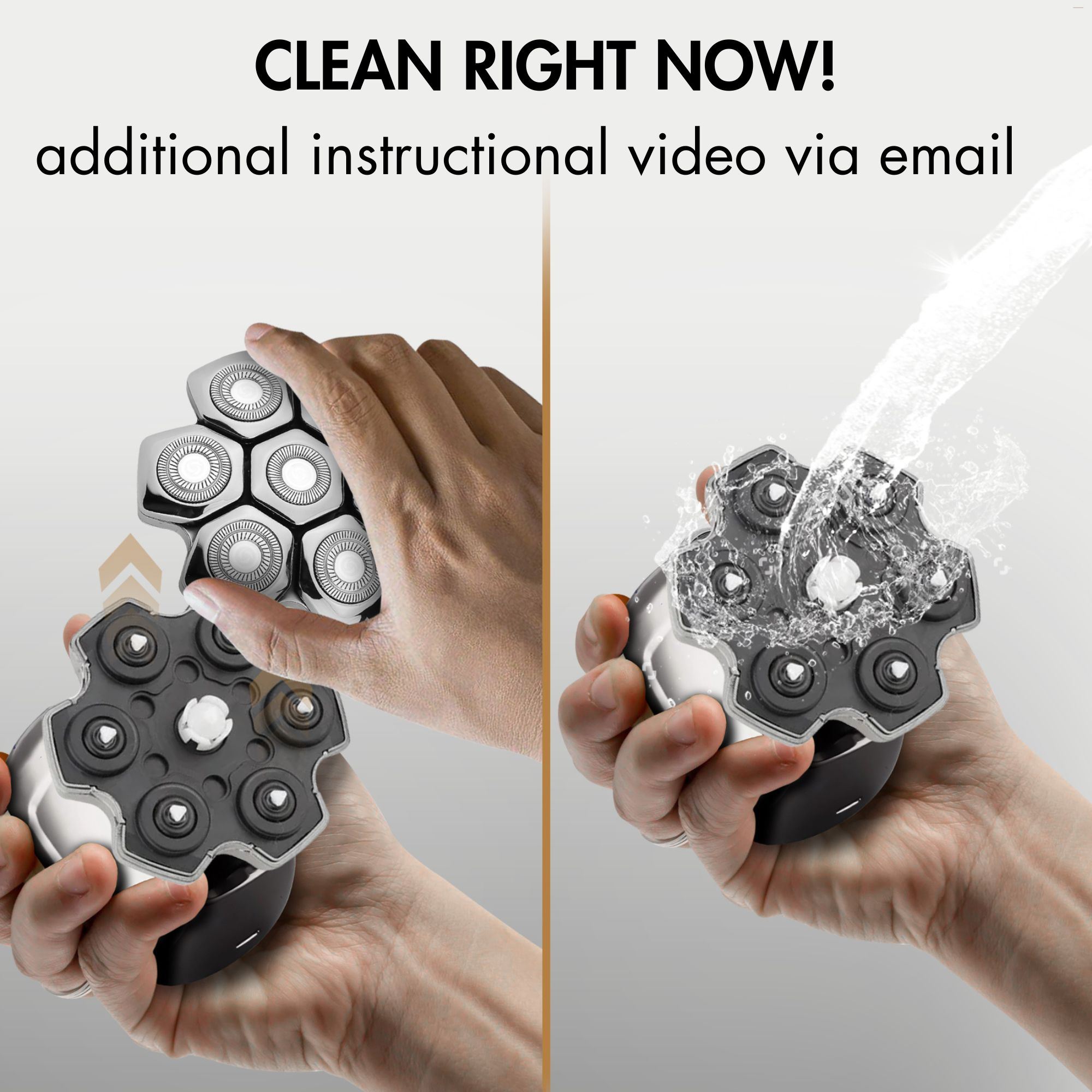 Ein Rasiererkopf wird mit Wasser abgespült. Der Kopf ist von der Basis getrennt. Text sagt 'CLEAN RIGHT NOW!'