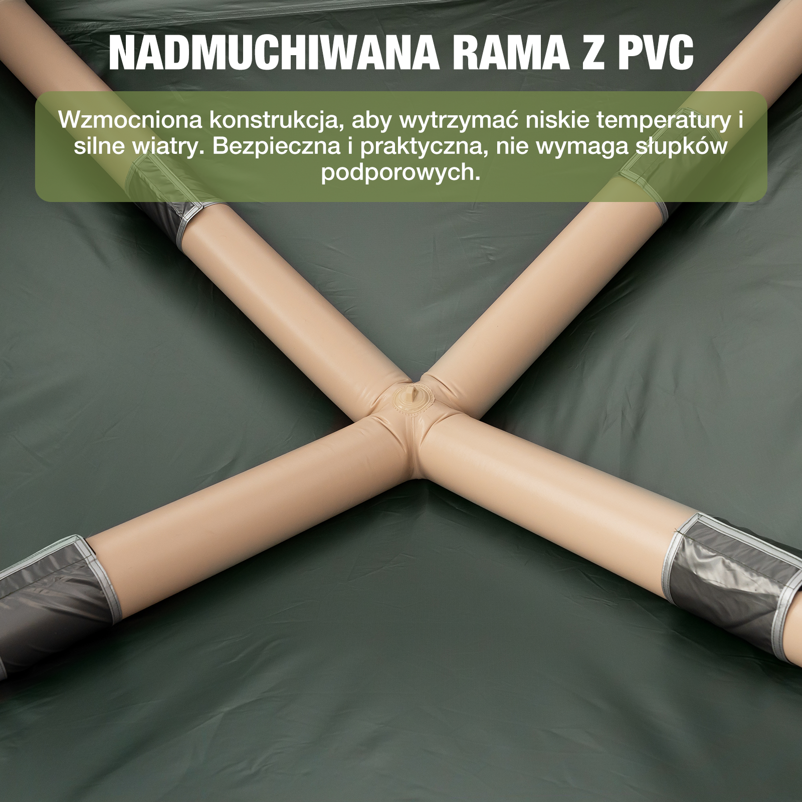 Nadmuchiwana rama PVC, beżowe rury krzyżują się nad ciemnozieloną powierzchnią. Tekst brzmi 'NADMUCHIWANA RAMA Z PVC'.