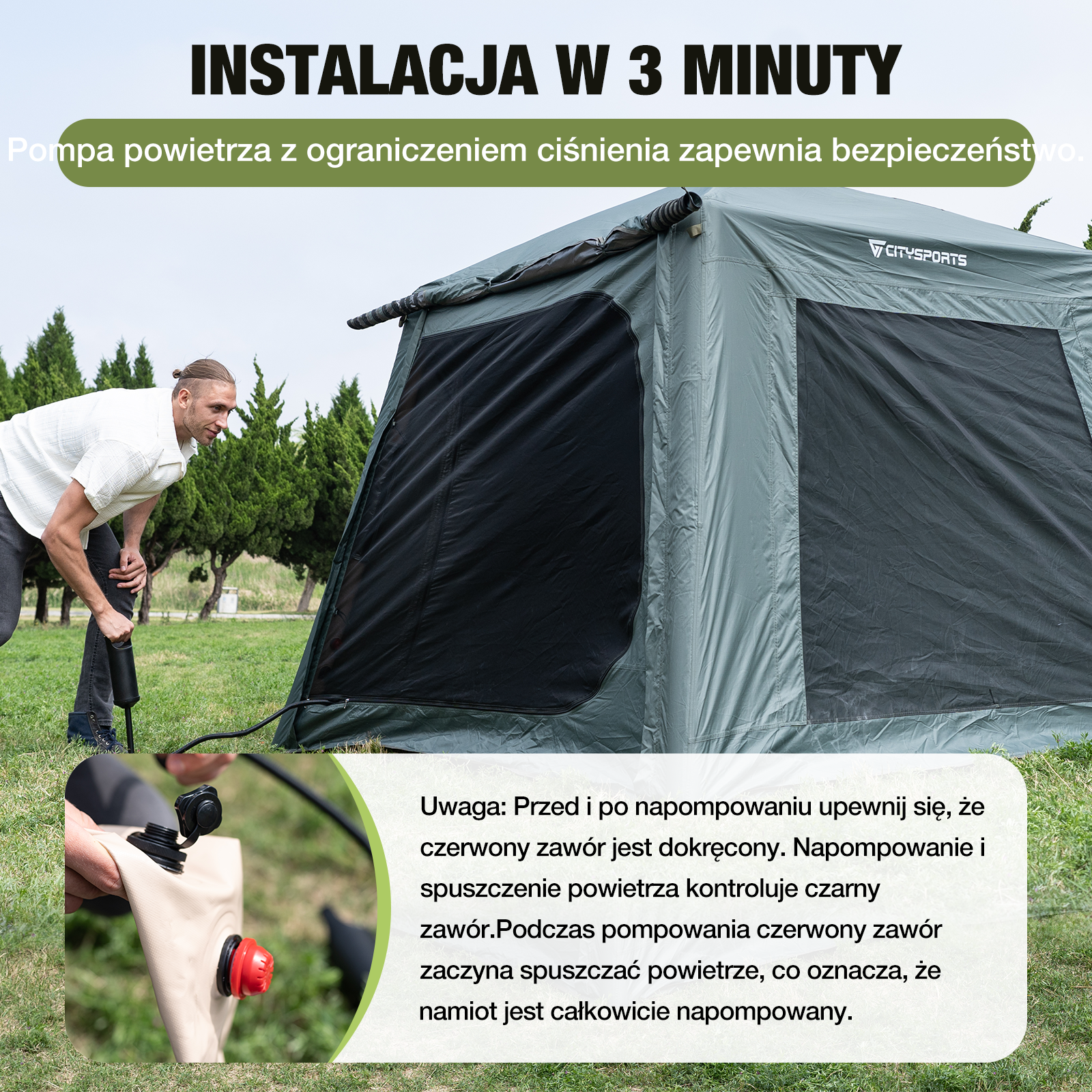 Mężczyzna pompuje zielony namiot pompką. Tekst mówi: 'Instalacja w 3 minuty'. Widoczne czarne okno z siatki.
