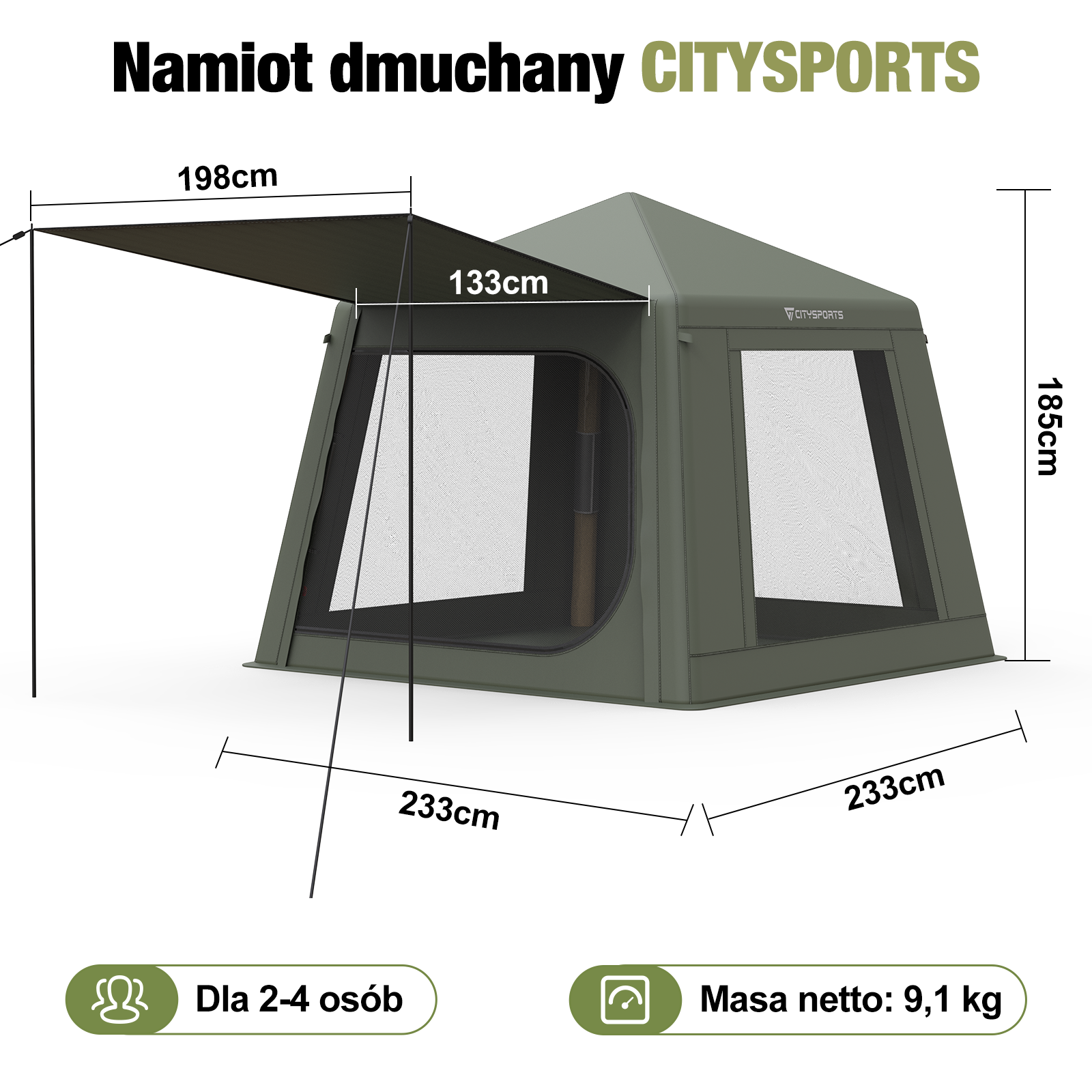 Zielony namiot z wyświetlonymi wymiarami, w tym wysokością i szerokością, z ikonami.