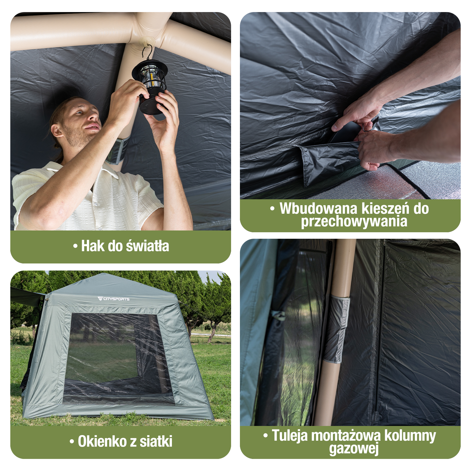 Szczegóły namiotu ze światłem, kieszenią, oknem z siatki i tuleją kolumny gazowej.