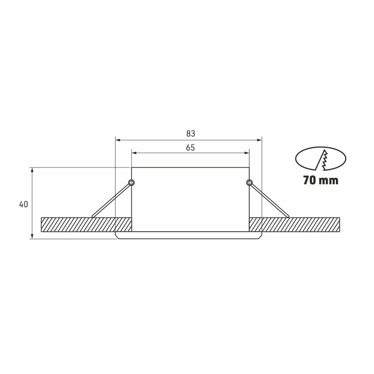 Diagramm einer Einbauleuchte, das Abmessungen und einen Querschnitt der Lampe zeigt.