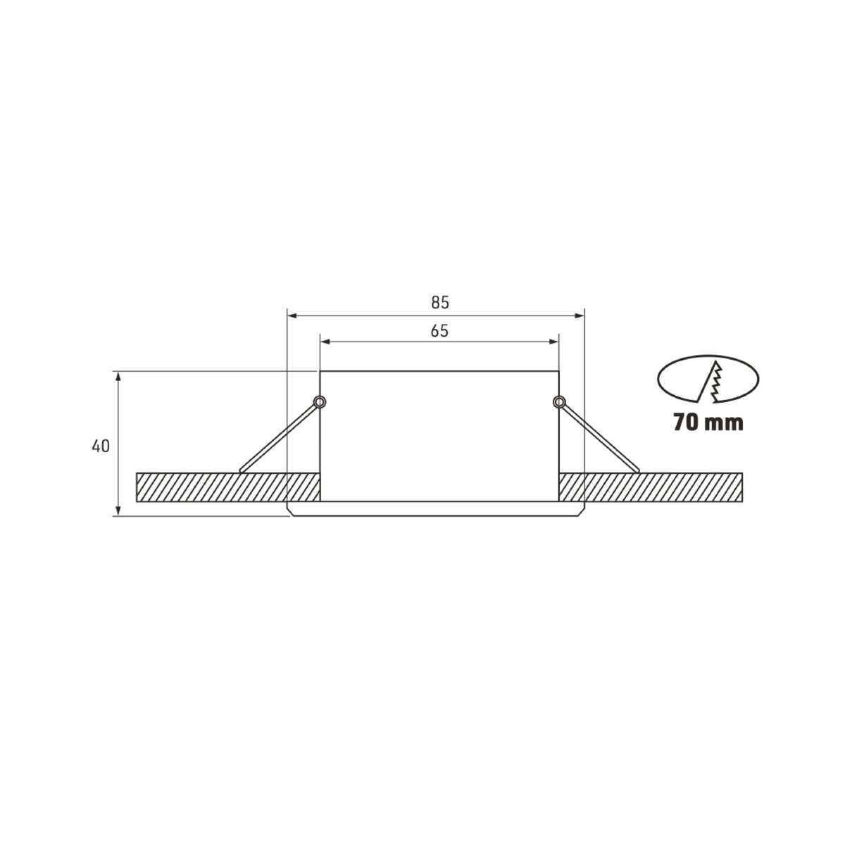 Eine technische Zeichnung einer rechteckigen Leuchte mit Abmessungen in Millimetern: 85x40x65 und einem 70mm Ausschnitt.