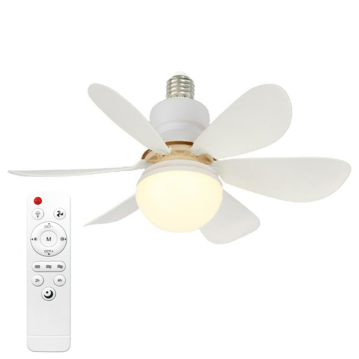 Ein weißer Deckenventilator mit 5 Flügeln, einer Glühbirne in der Mitte und einer Fernbedienung.