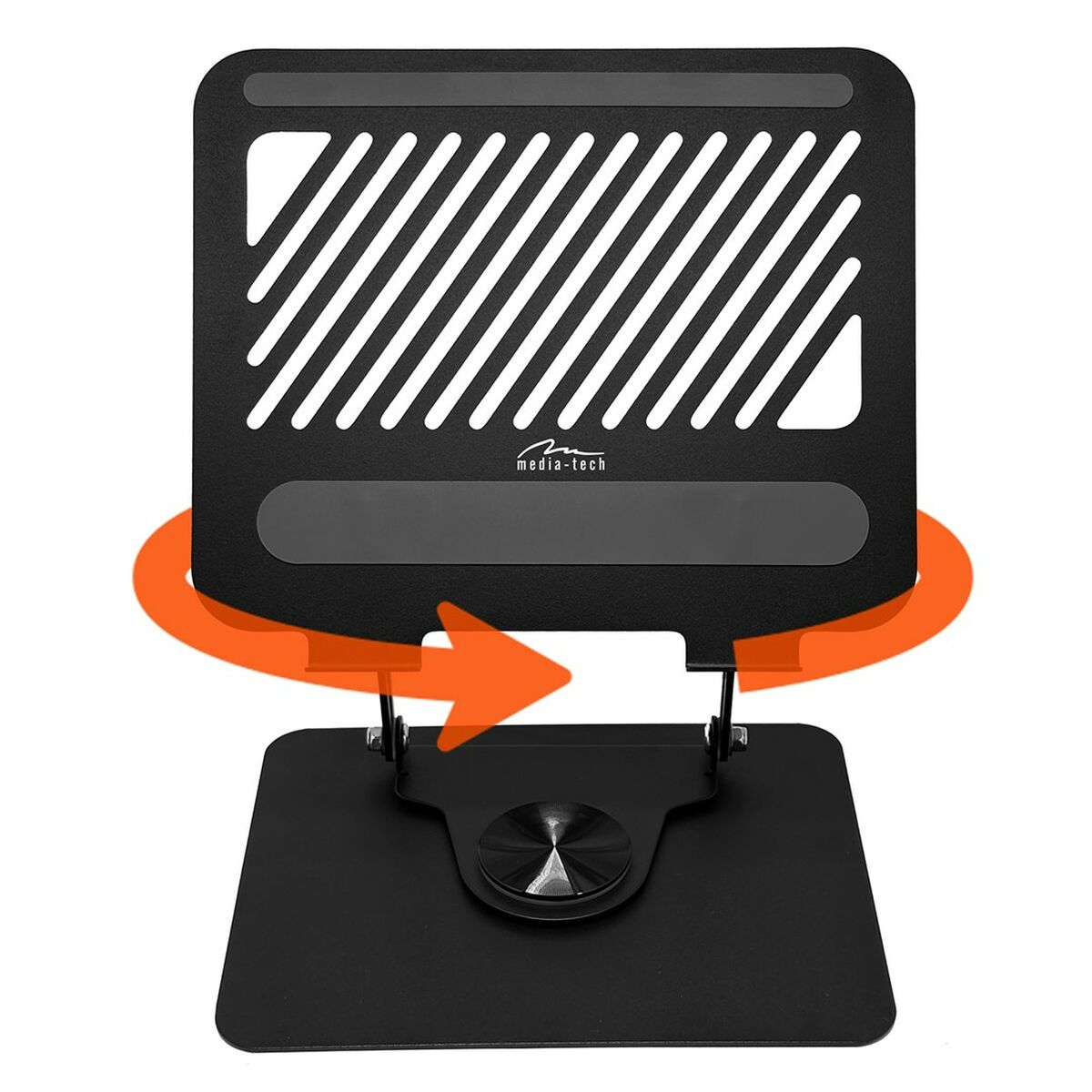 Ein schwarzer Laptop-Ständer mit einem um 360 Grad drehbaren Fuß. Der Ständer hat einen schwarzen Rahmen.