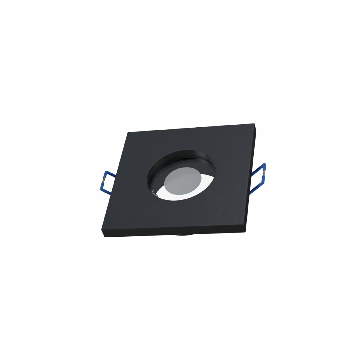 Eine schwarze Einbauleuchte mit kreisförmiger Öffnung. Blaue Clips sind an den Seiten.