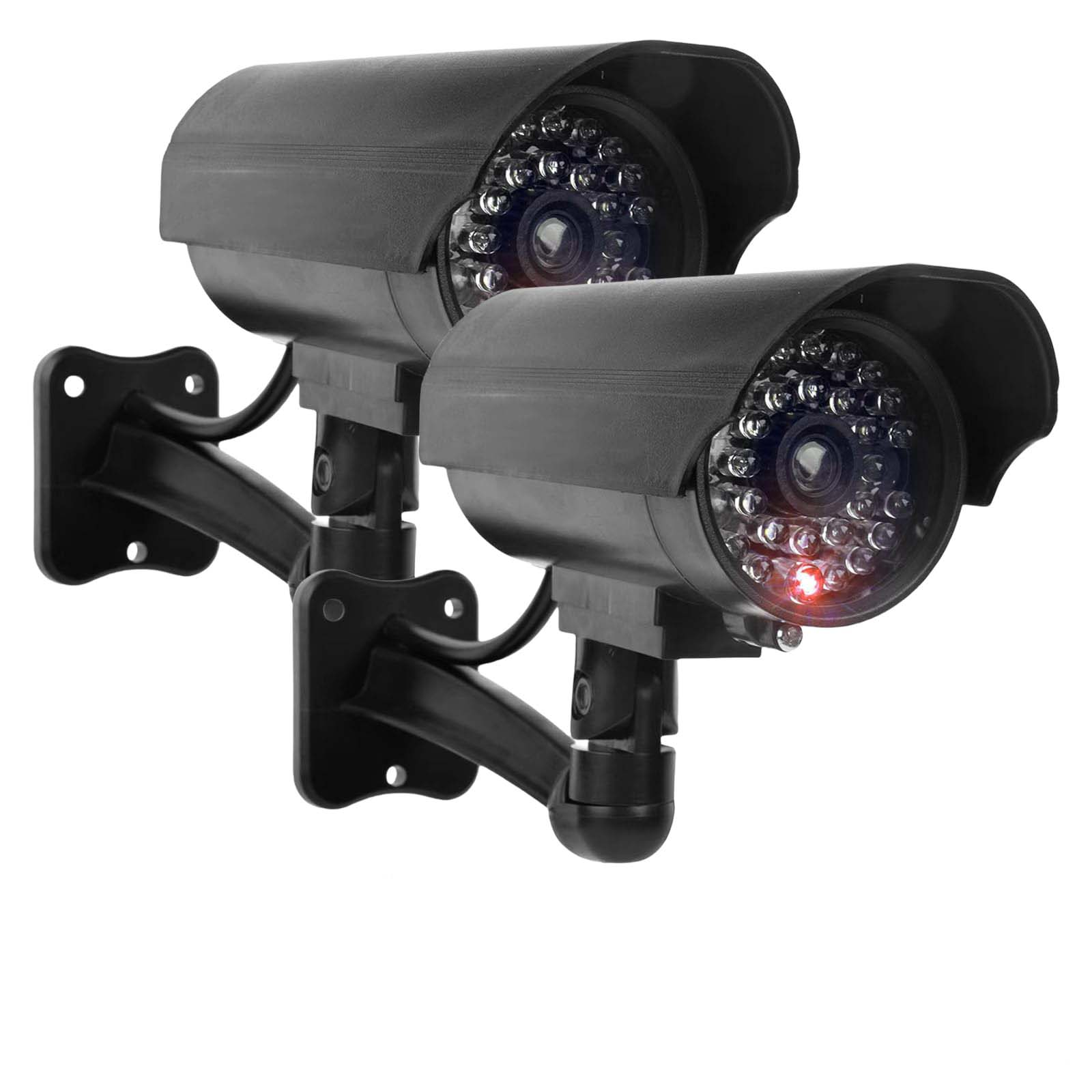 Zwei schwarze Überwachungskameras auf weißem Hintergrund. Sie haben Lichter und einen Sonnenschutz.