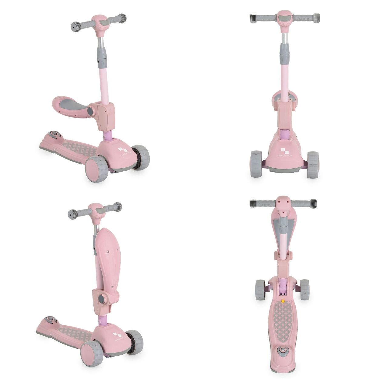 Vier Ansichten eines pinkfarbenen Scooters mit grauen Rädern und Akzenten. Er hat einen Sitz.