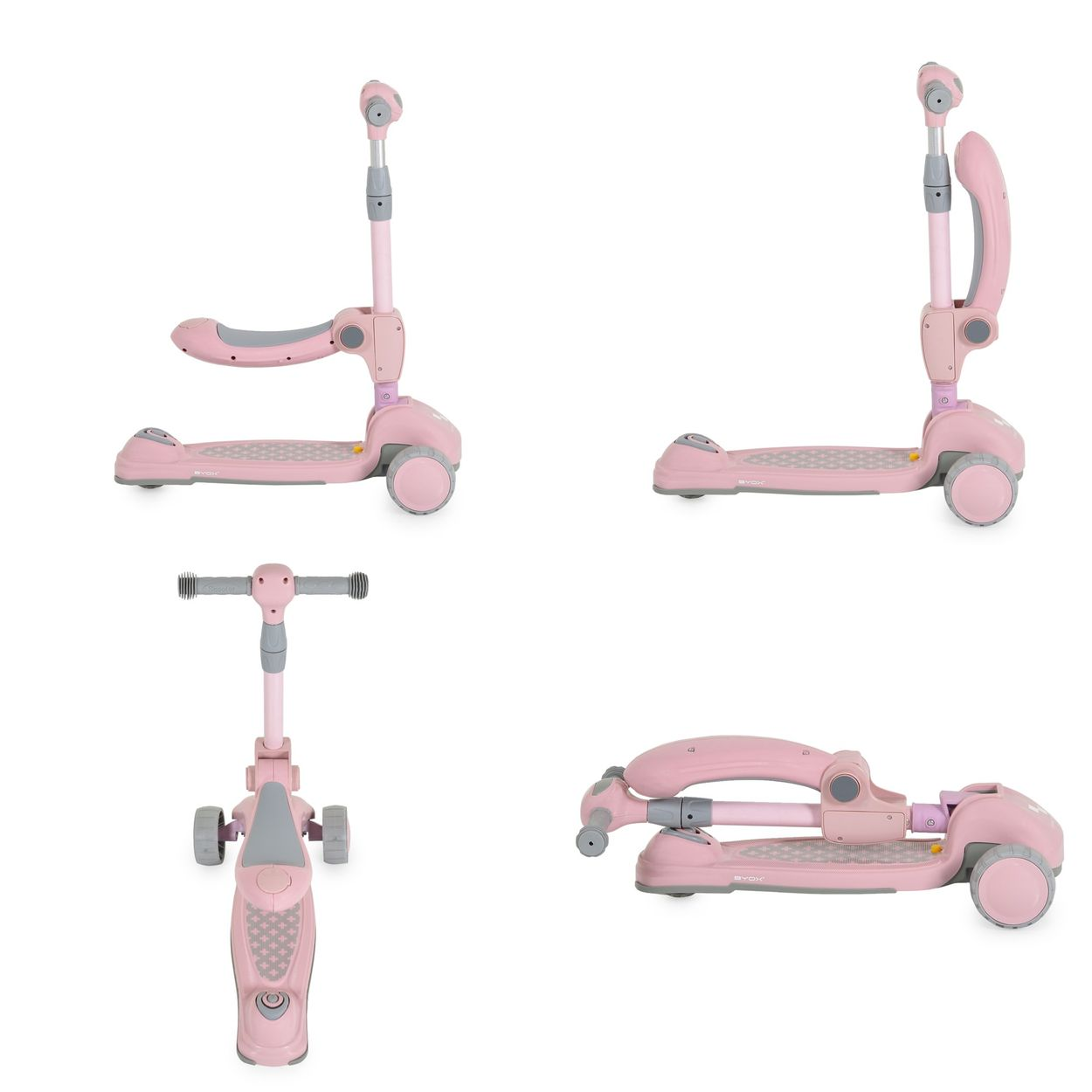 Vier Ansichten eines pinkfarbenen Scooters. Der Scooter hat einen Sitz und einen Lenker.
