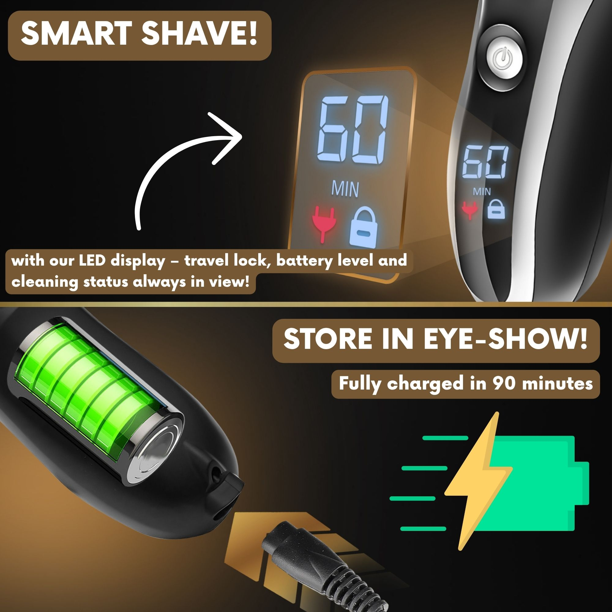 Elektrischer Rasierer mit Digitalanzeige. Text: Smart Shave mit LED-Anzeige - Reisesperre, Akkuladung und Reinigungsstatus.