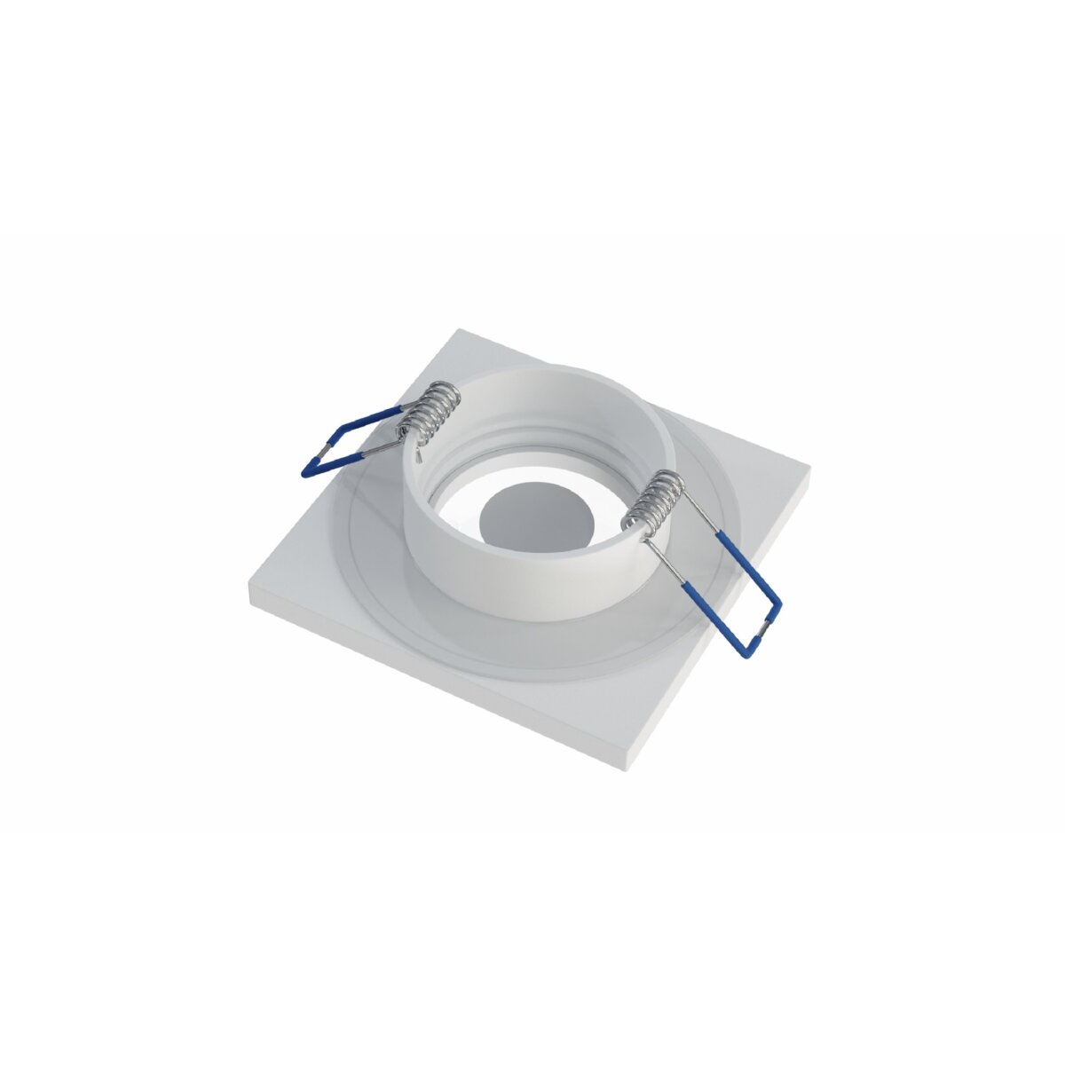 Einbaustrahler. Quadratische weiße Basis mit zentralem weißem Ring und blauen Clips.