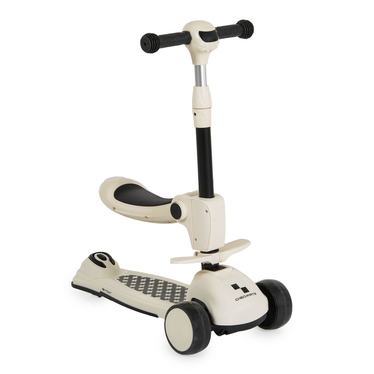 Ein cremefarbener Roller mit Sitz, Lenker und drei Rädern. Die Räder sind schwarz.