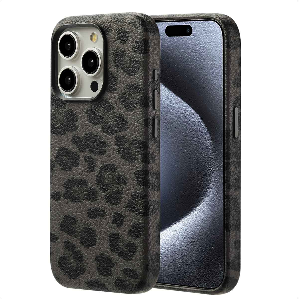 Een telefoon in een hoesje met luipaardprint. Het scherm toont een donkere afbeelding.
