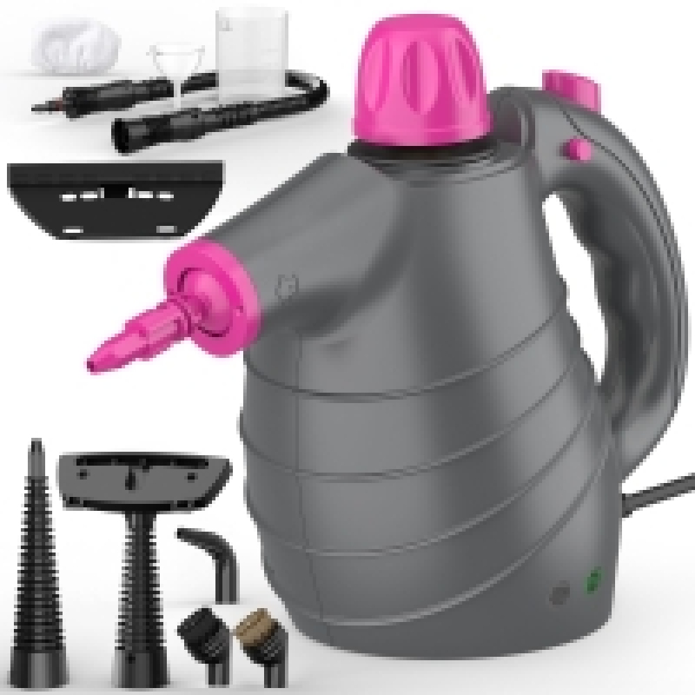 Ein grauer und rosa Handdampfreiniger mit verschiedenen Aufsätzen. Er befindet sich auf weißem Hintergrund.