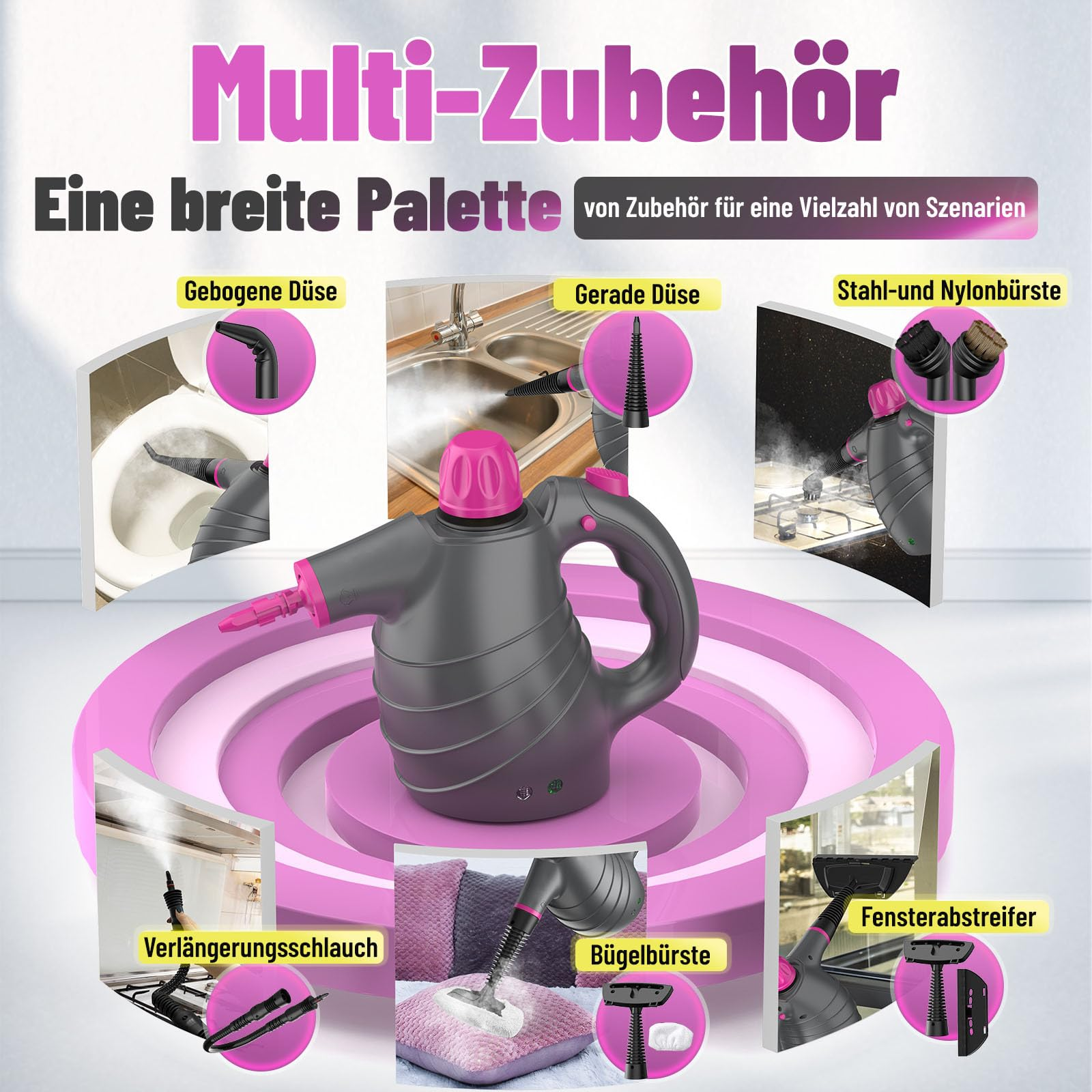 Ein Werbebild mit mehreren Dampfreiniger-Aufsätzen mit deutschem Text und einem rosa Akzent.