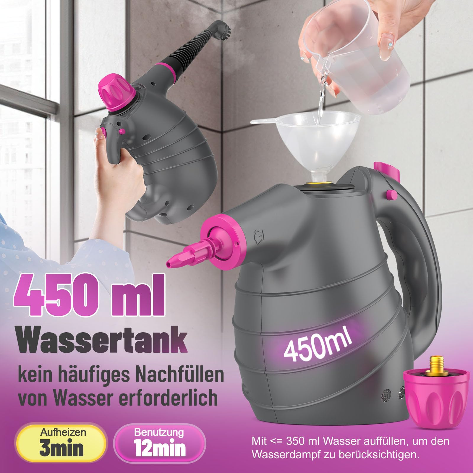 Ein Bild, das zeigt, wie ein Dampfreiniger mit Wasser gefüllt wird, mit deutschem Text und rosa Akzenten.