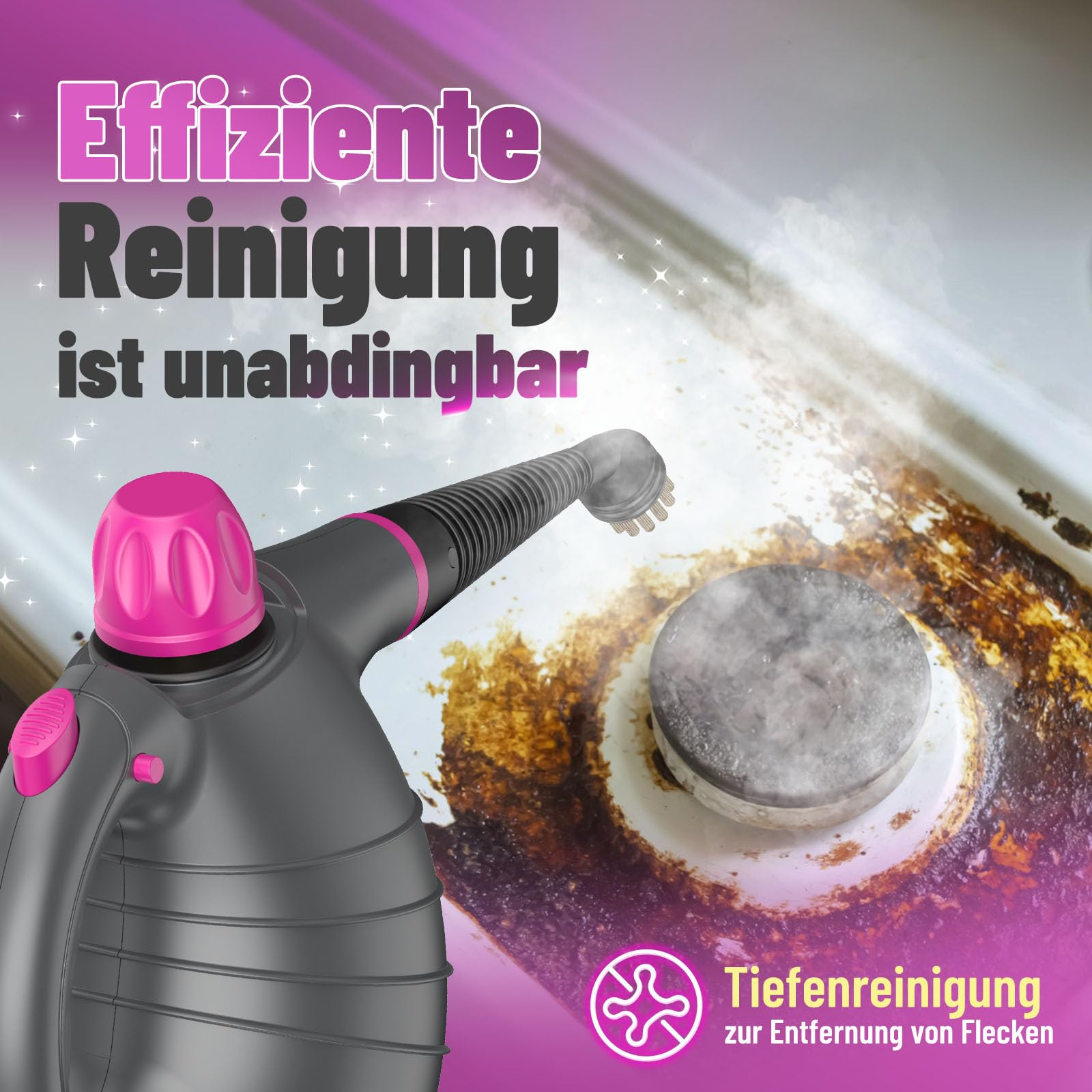 Ein Dampfreiniger reinigt eine schmutzige Oberfläche. Text auf Deutsch: 'Effiziente Reinigung ist unabdingbar'.