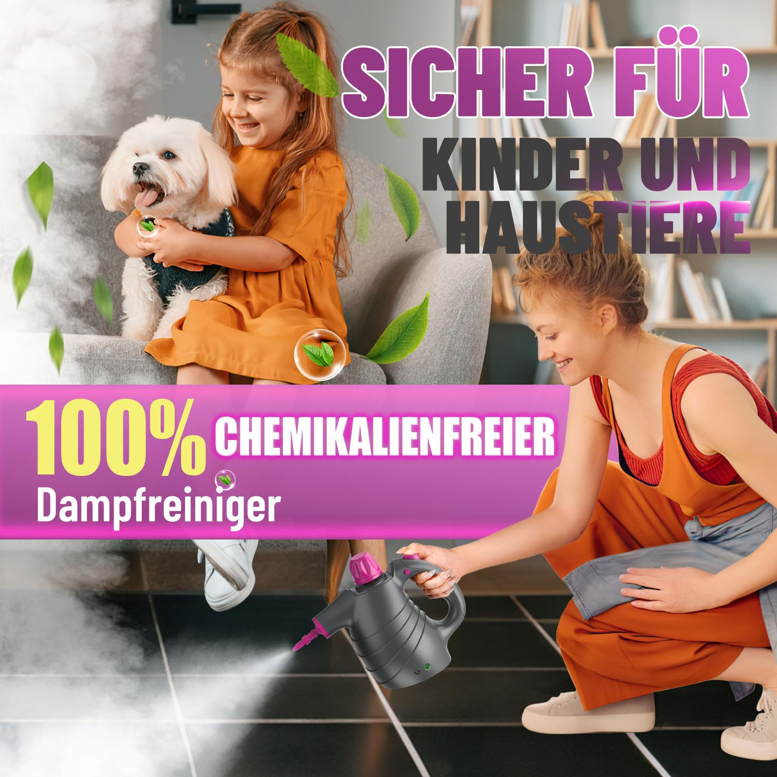Eine Frau und ein Kind mit einem Hund, die einen Dampfreiniger auf einem schwarzen Fliesenboden benutzen.