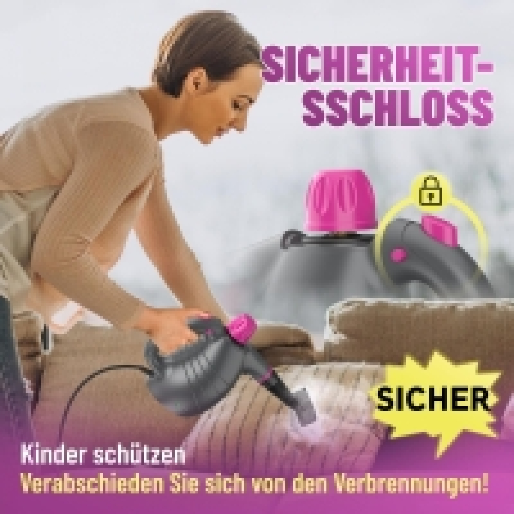 Eine Frau benutzt einen schwarz-rosa Dampfreiniger mit Text auf Deutsch.