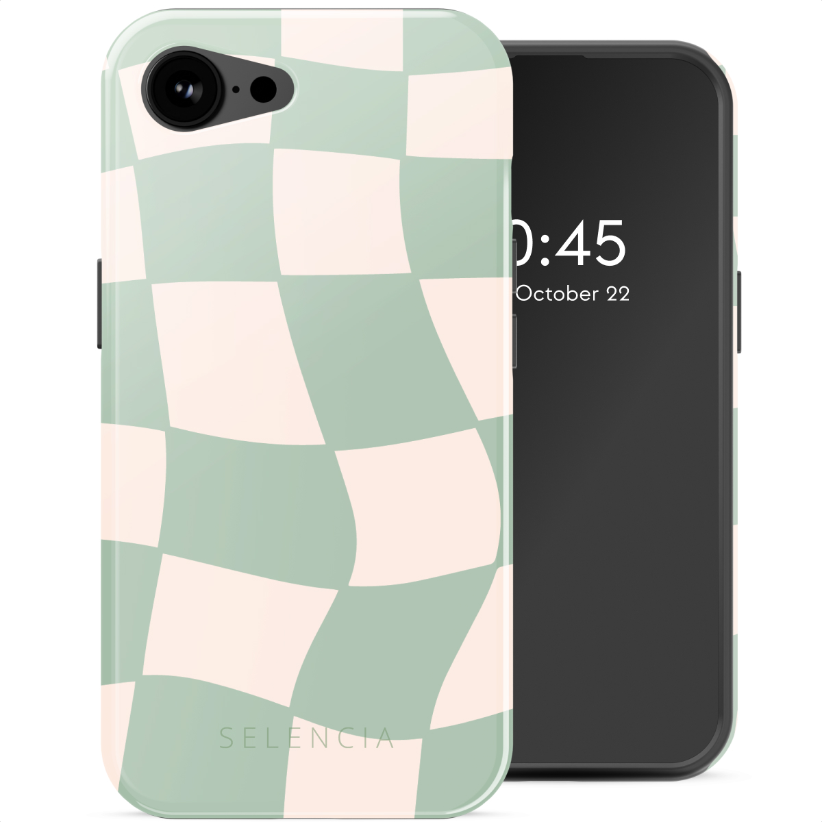 Een telefoon in een groen-roze geruite hoes, met een scherm dat de tijd en datum weergeeft.