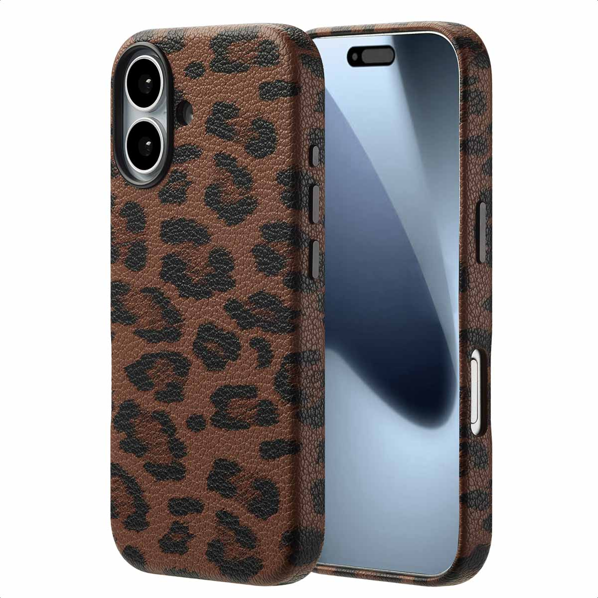 Un téléphone dans un étui à imprimé léopard marron, avec une bosse de caméra noire. Le téléphone est sur une surface blanche.