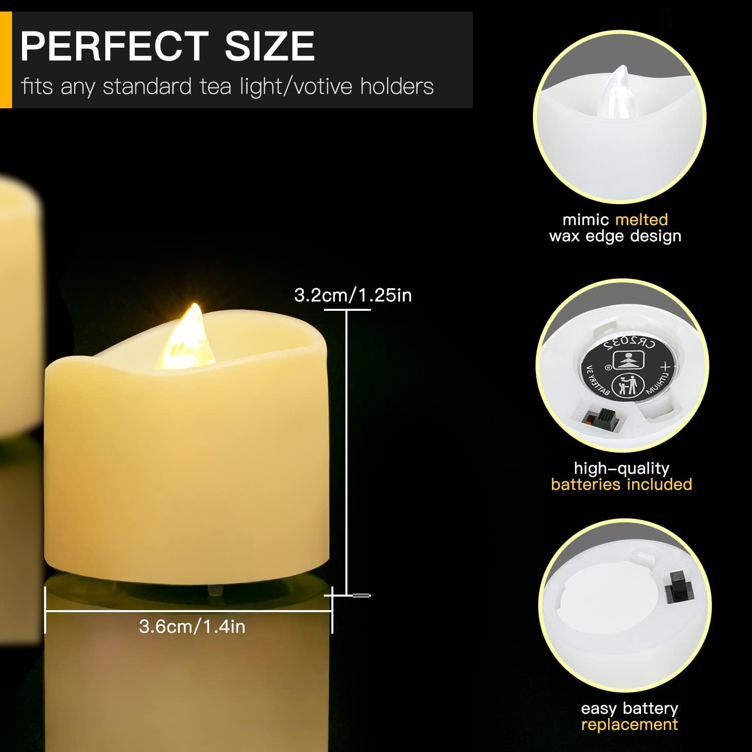 Eine beige LED-Kerze mit Abmessungen, geschmolzenen Wachsrändern und Batteriedetails.