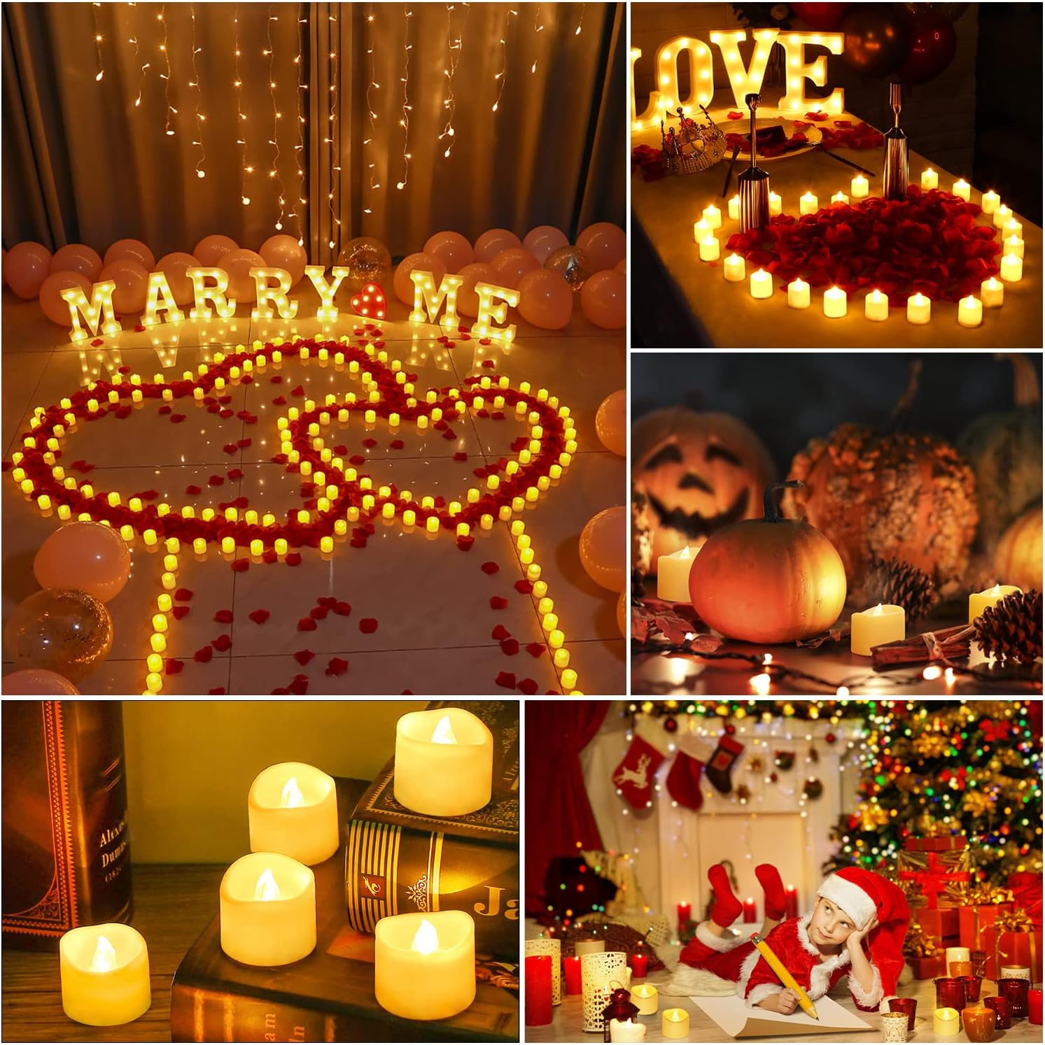 Collage von Kerzenlichtszenen: ein Heiratsantrag mit Lichtern, Kerzen in Herzform, Kürbisse mit Kerzen, eine Weihnachtsumgebung.