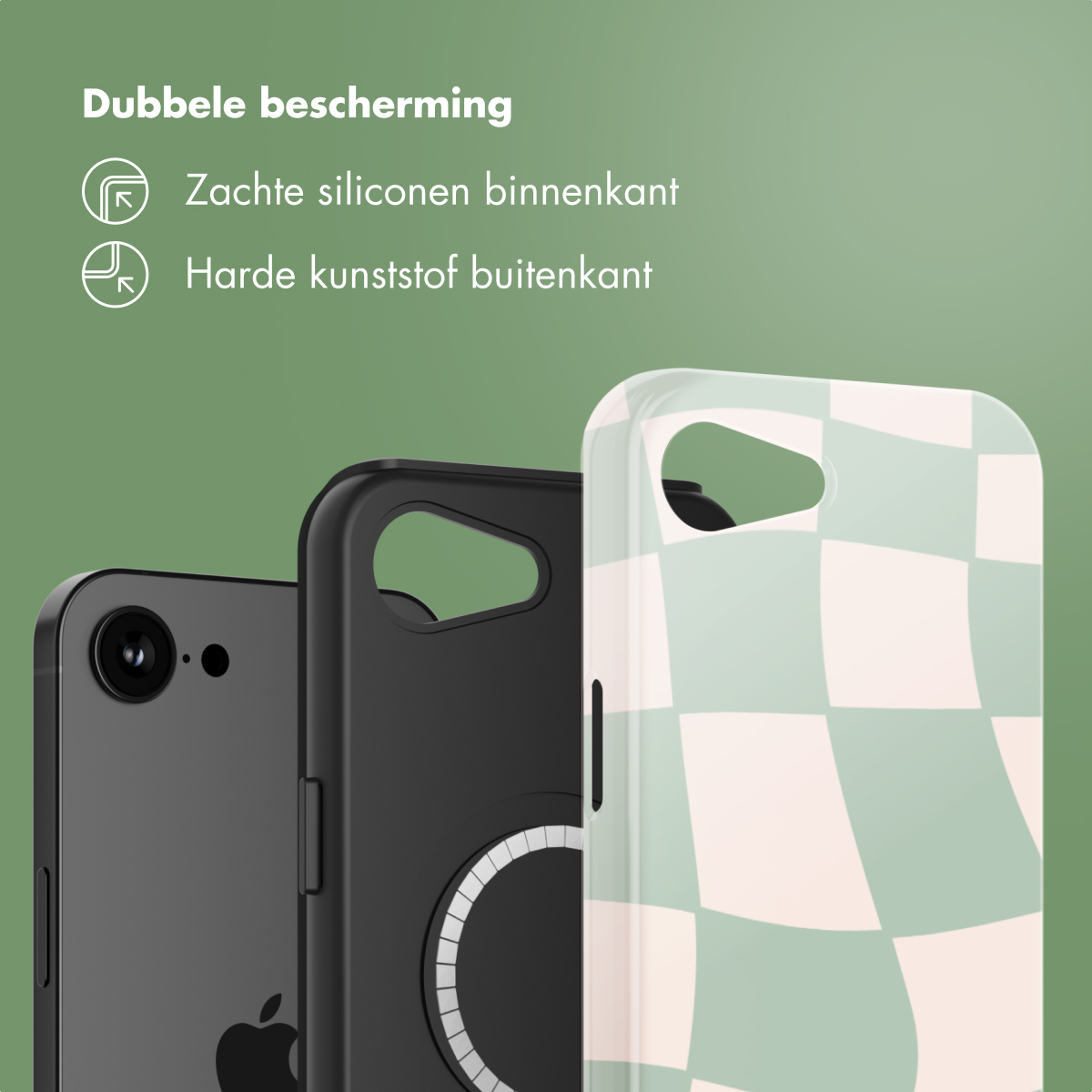 Een zwarte telefoon met een groen en wit geblokt hoesje wordt naast een zwarte telefoon geplaatst. Tekst beschrijft de dubbele bescherming.