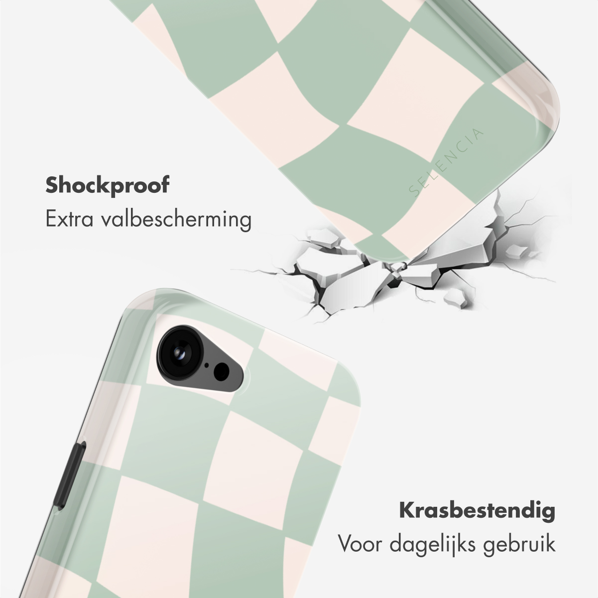 Telefoonhoesje met een groen en wit dambordpatroon. Hoesje gebarsten, toont duurzaamheid. 'Schokbestendig' en 'Krasbestendig'.