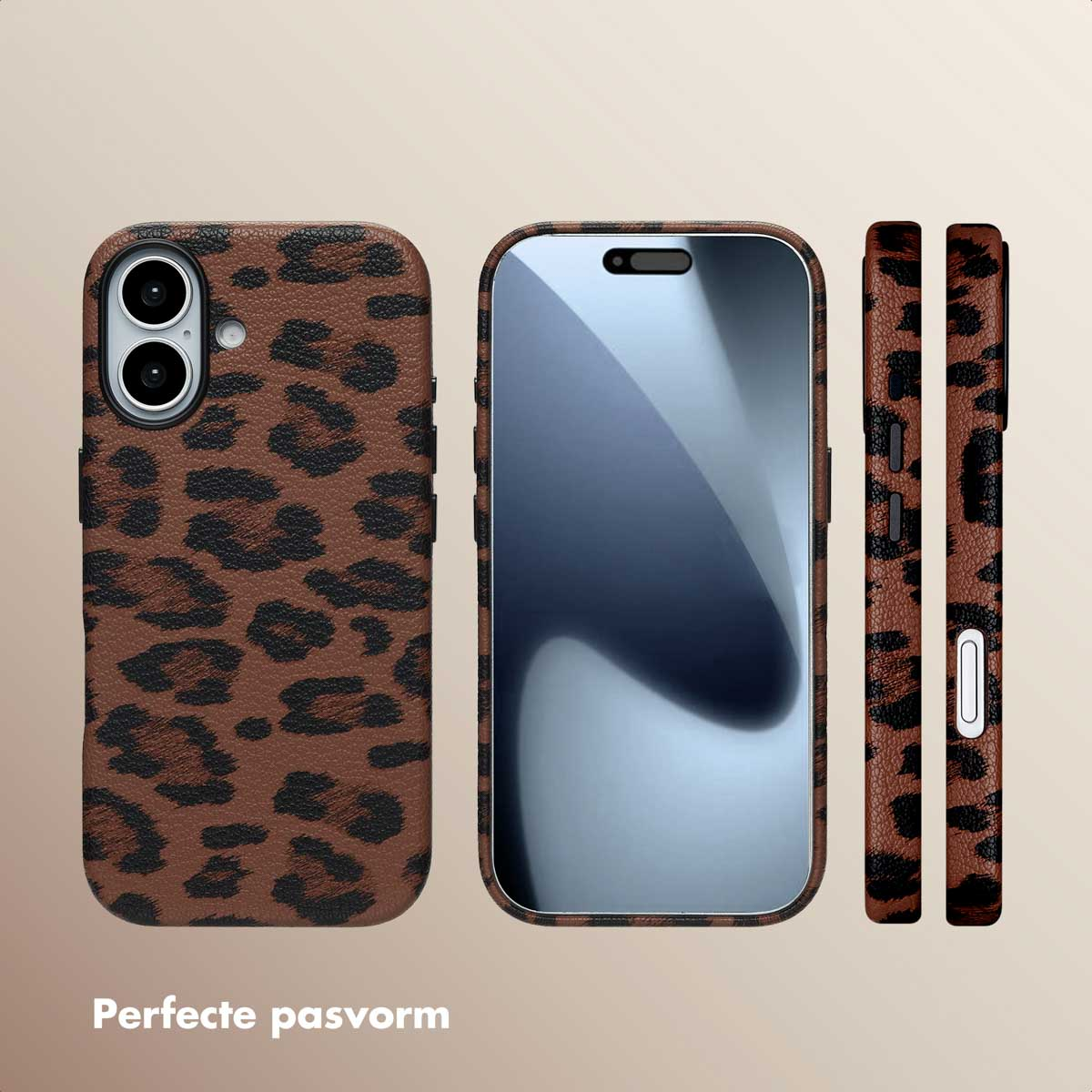 Trois étuis de téléphone avec un imprimé léopard marron. Un étui est sur un téléphone, d'autres sont affichés avec les côtés visibles.