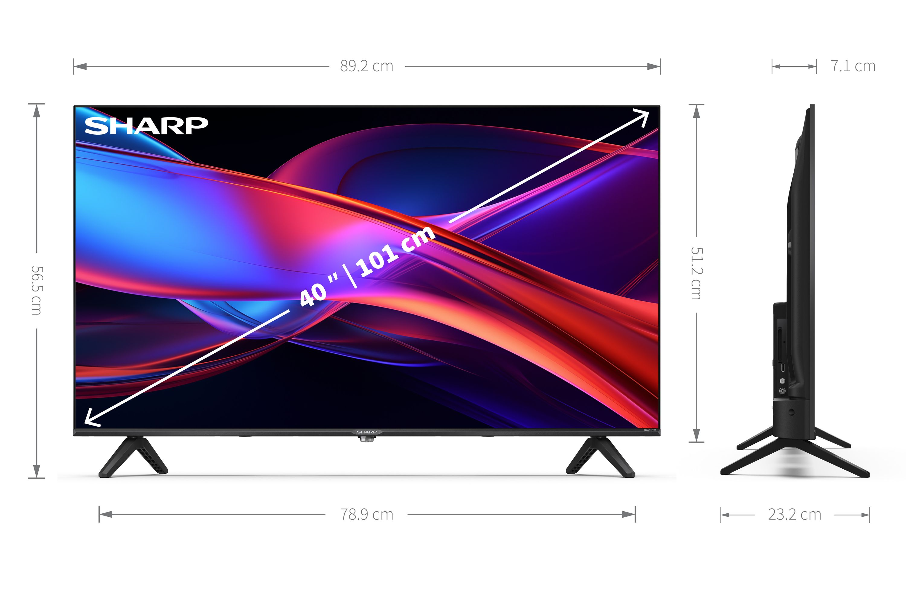 Ein 40-Zoll-SHARP-Fernseher wird mit seinen Abmessungen angezeigt. Er ist schwarz und hat einen farbenfrohen Bildschirm.