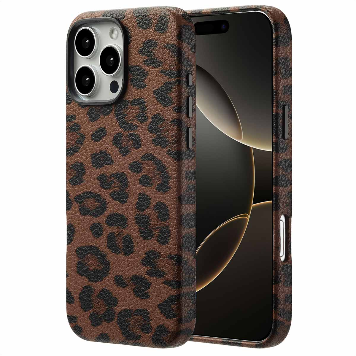 Een telefoonhoesje met een bruin luipaardpatroon. De hoes zit op een telefoon.