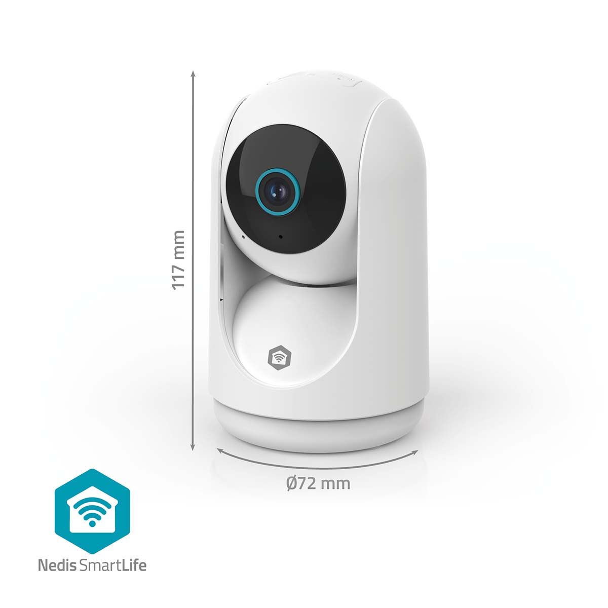 Weiße Smart-Home-Sicherheitskamera. Sie hat eine schwarze Linse, Abmessungen sind angegeben und ein Nedis-Logo ist vorhanden.