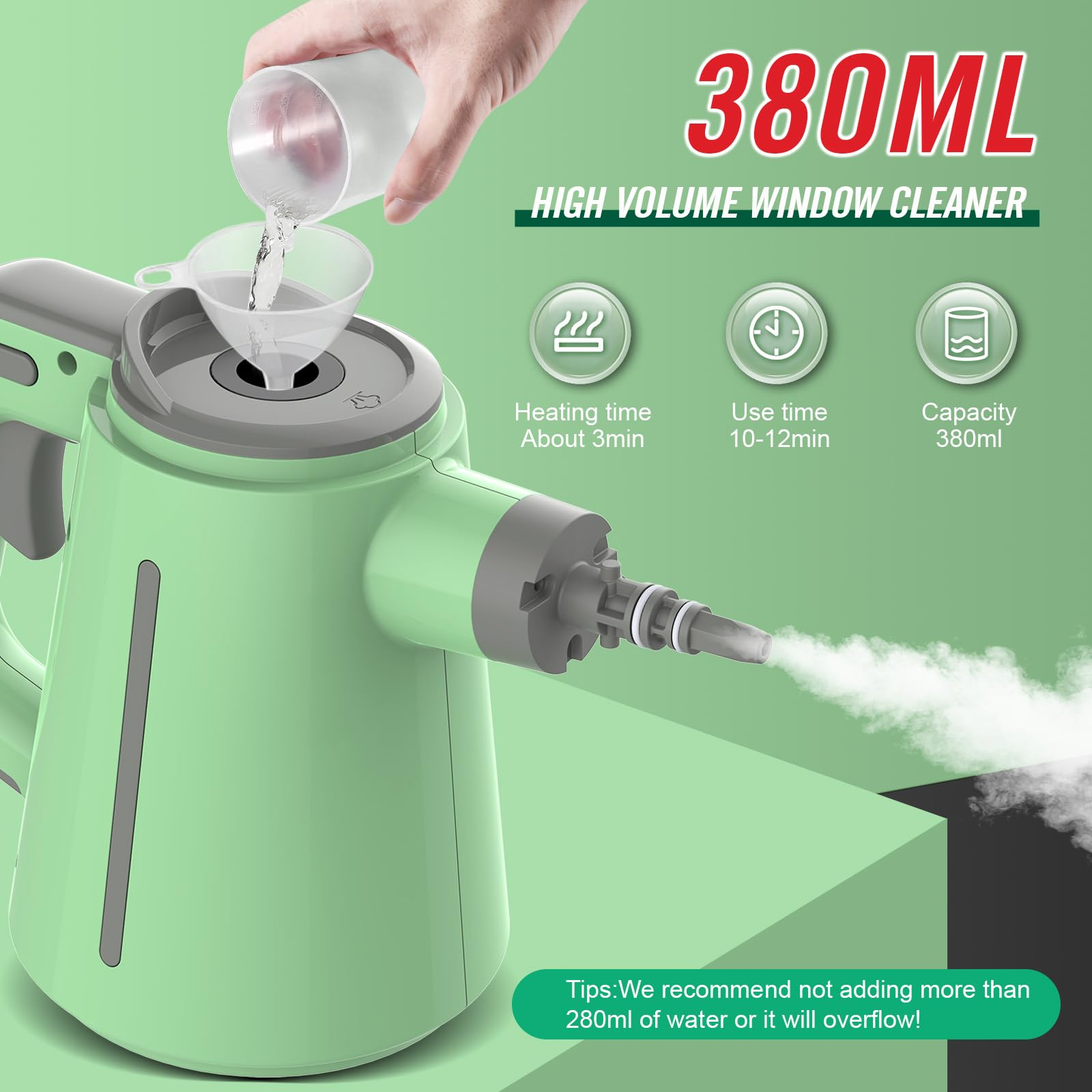 Ein grüner Dampfreiniger wird gezeigt, mit einem Trichter, der ihn füllt. Text zeigt 380 ml Fassungsvermögen und 3 Min. Aufheizzeit.