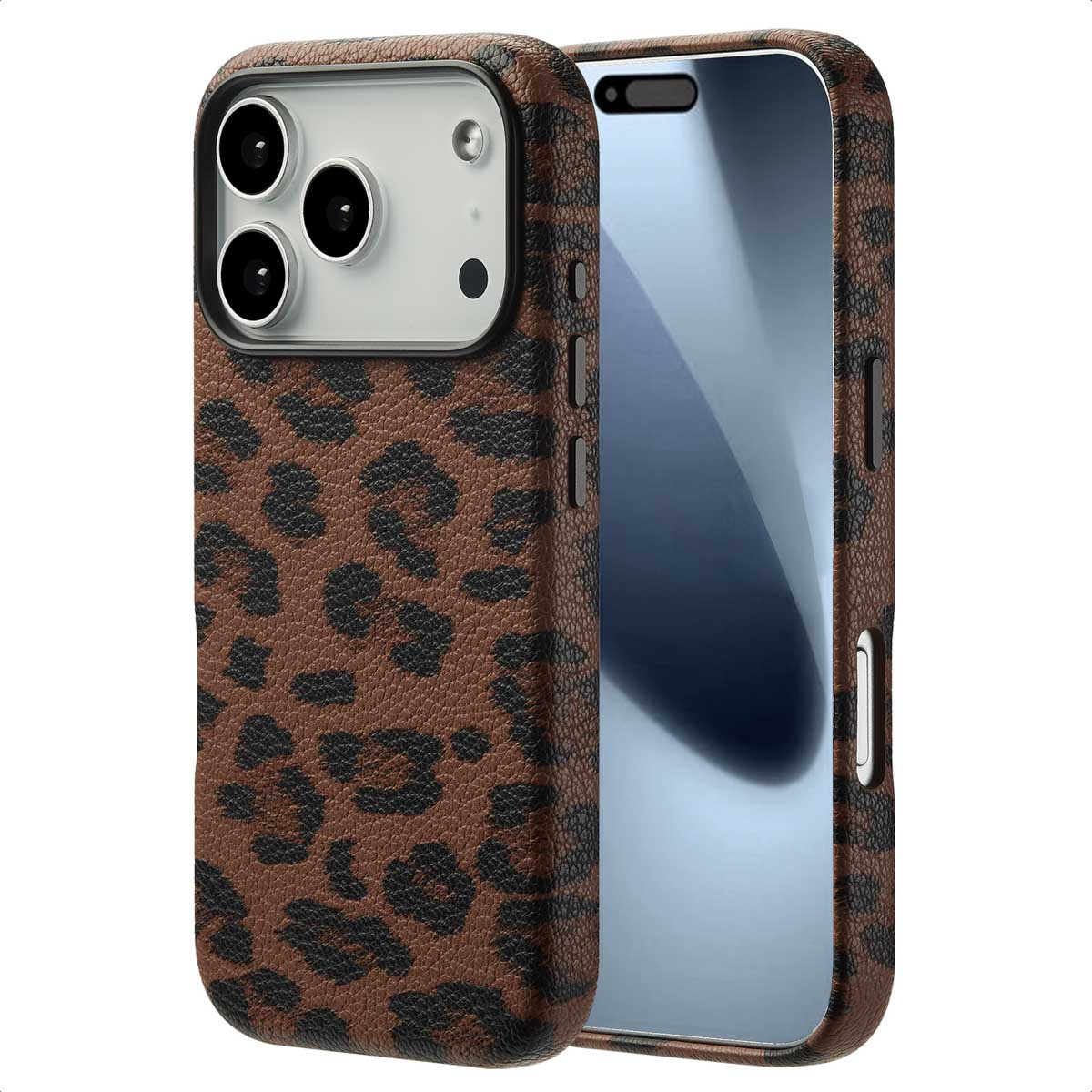 Una custodia per telefono con un design a stampa leopardata, che mostra la fotocamera e la parte posteriore del telefono.
