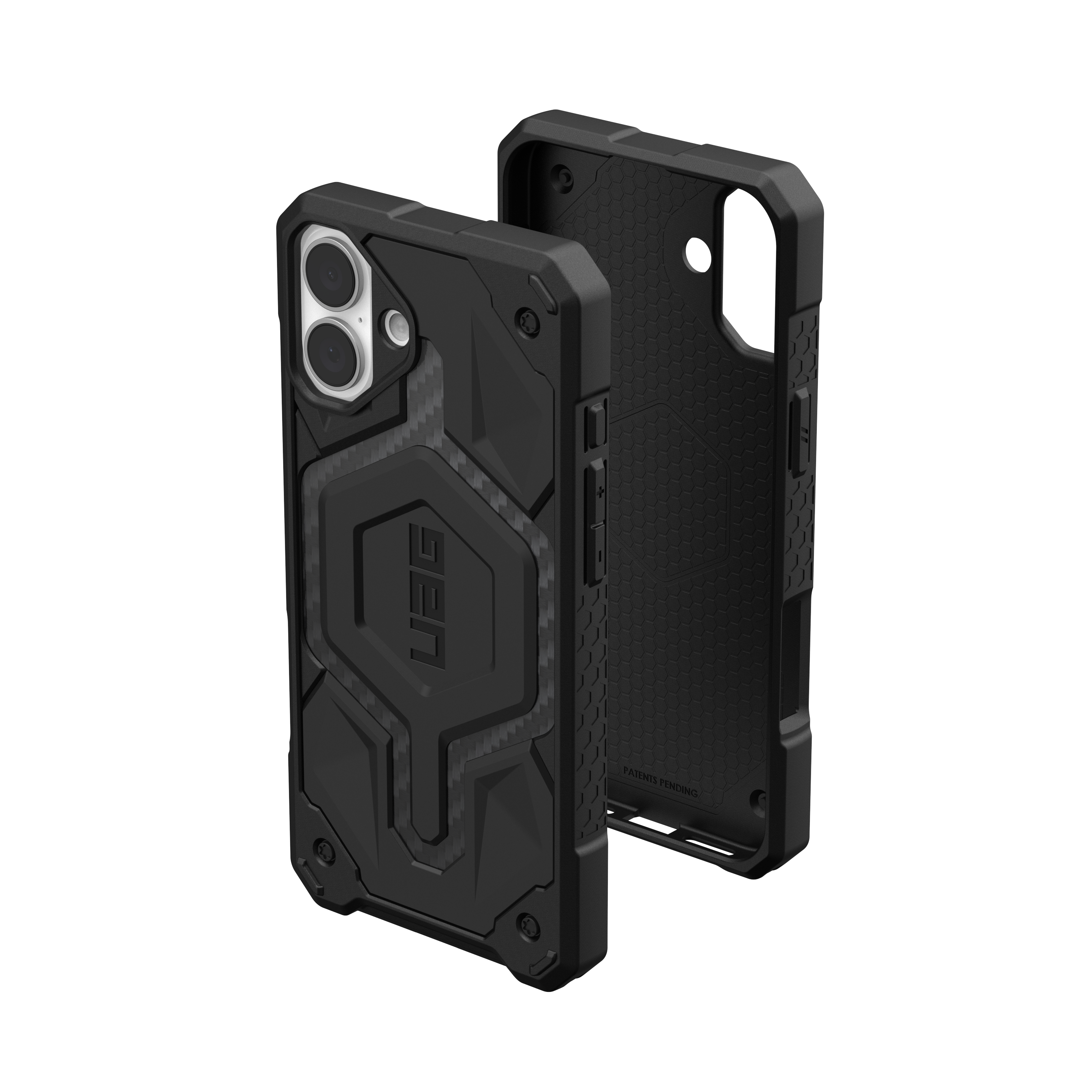 Schwarze Handyhülle mit UAG-Logo. Die Hülle ist geöffnet und zeigt das Innere mit Wabenmuster.