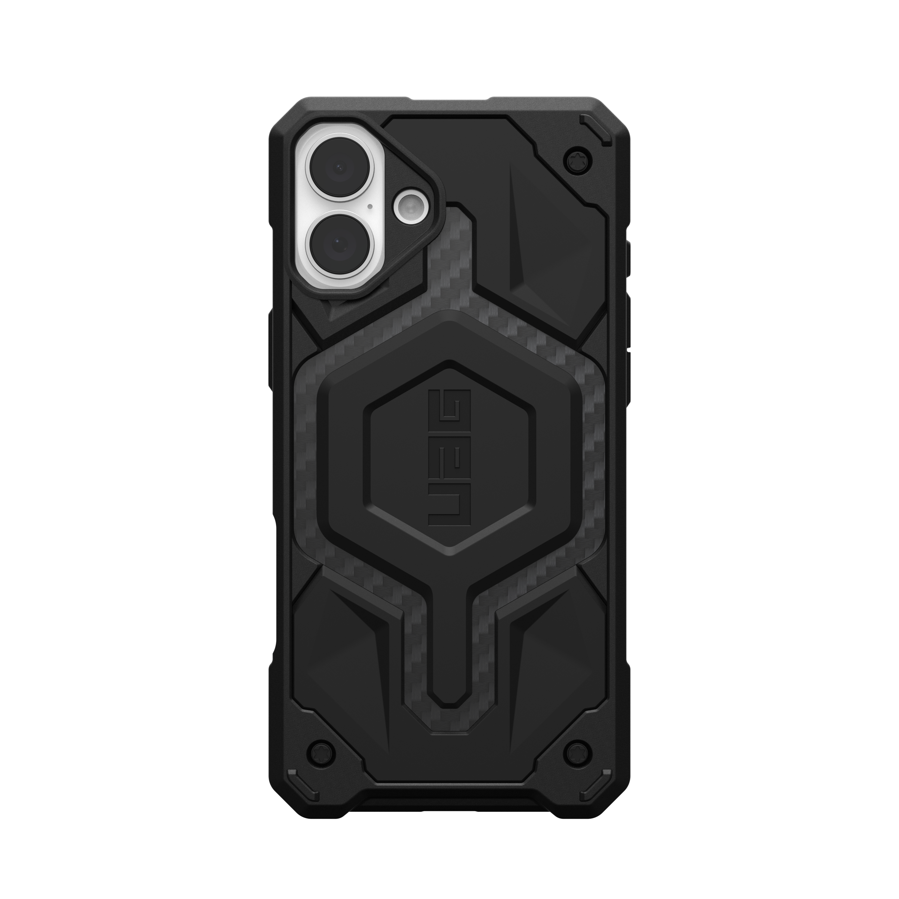 Eine schwarze Handyhülle mit sechseckigem Design und UAG-Logo.