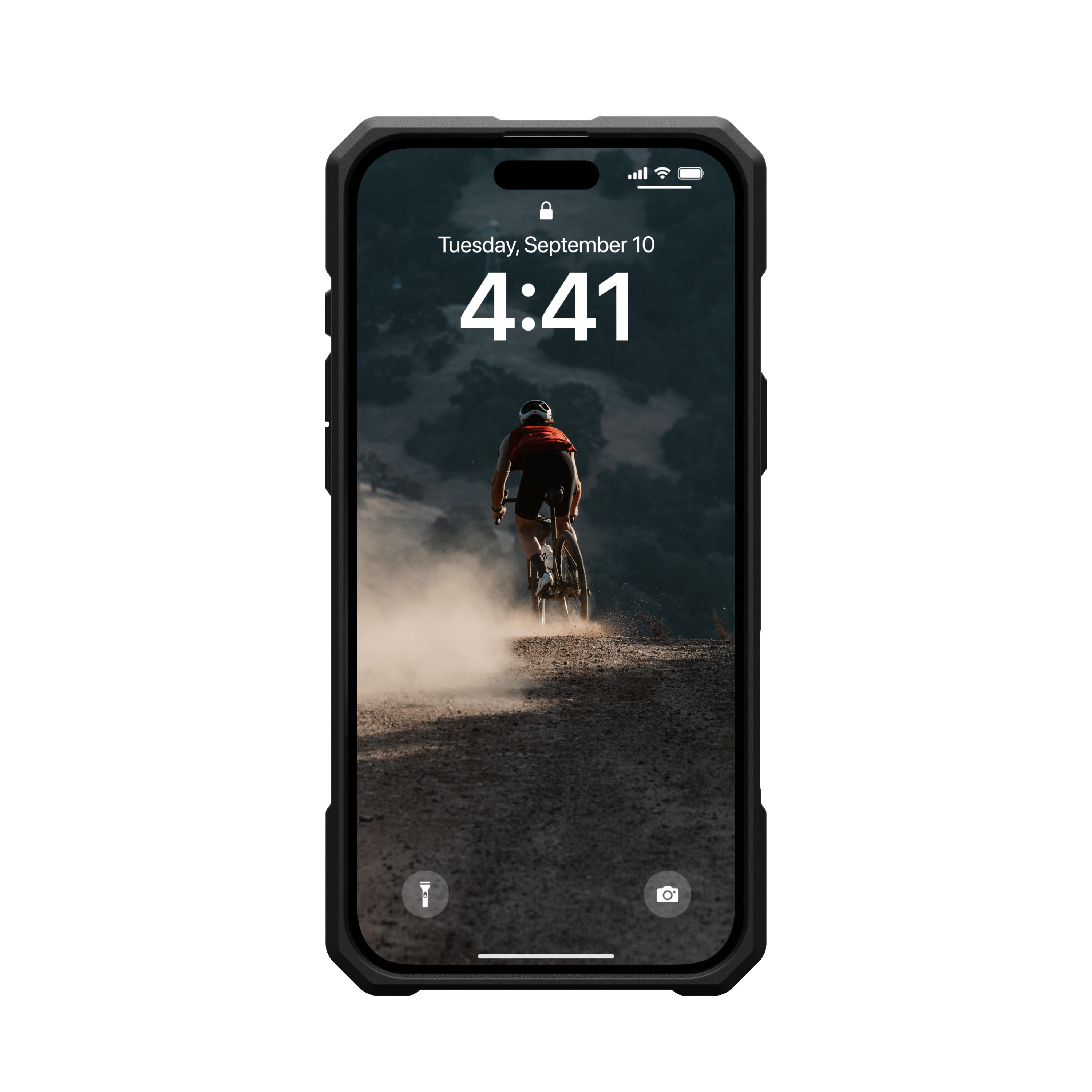 Eine Handyhülle auf einem Telefon mit Fahrradhintergrund und schwarzem Hintergrund.
