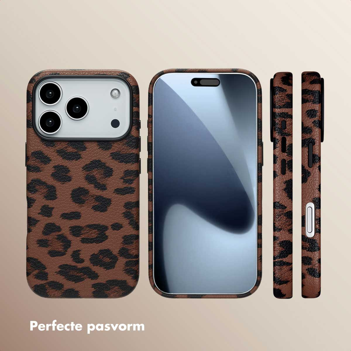 Una custodia per telefono con un design a stampa leopardata con un telefono e una scatola.