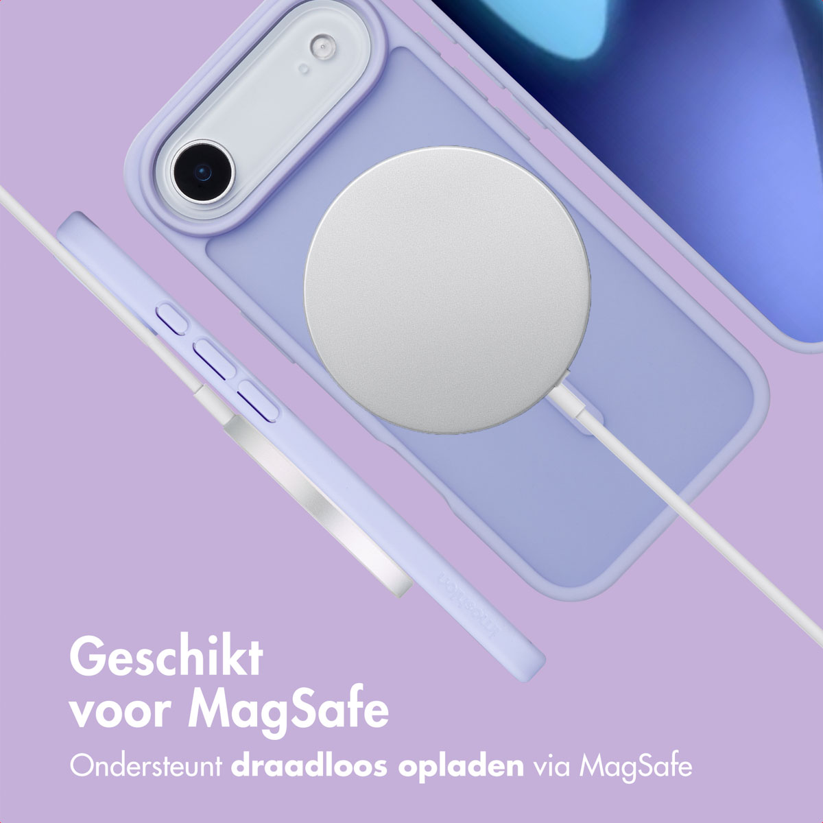 Een paars telefoonhoesje met een witte MagSafe-oplader en een telefoon, die draadloze oplaadondersteuning toont.