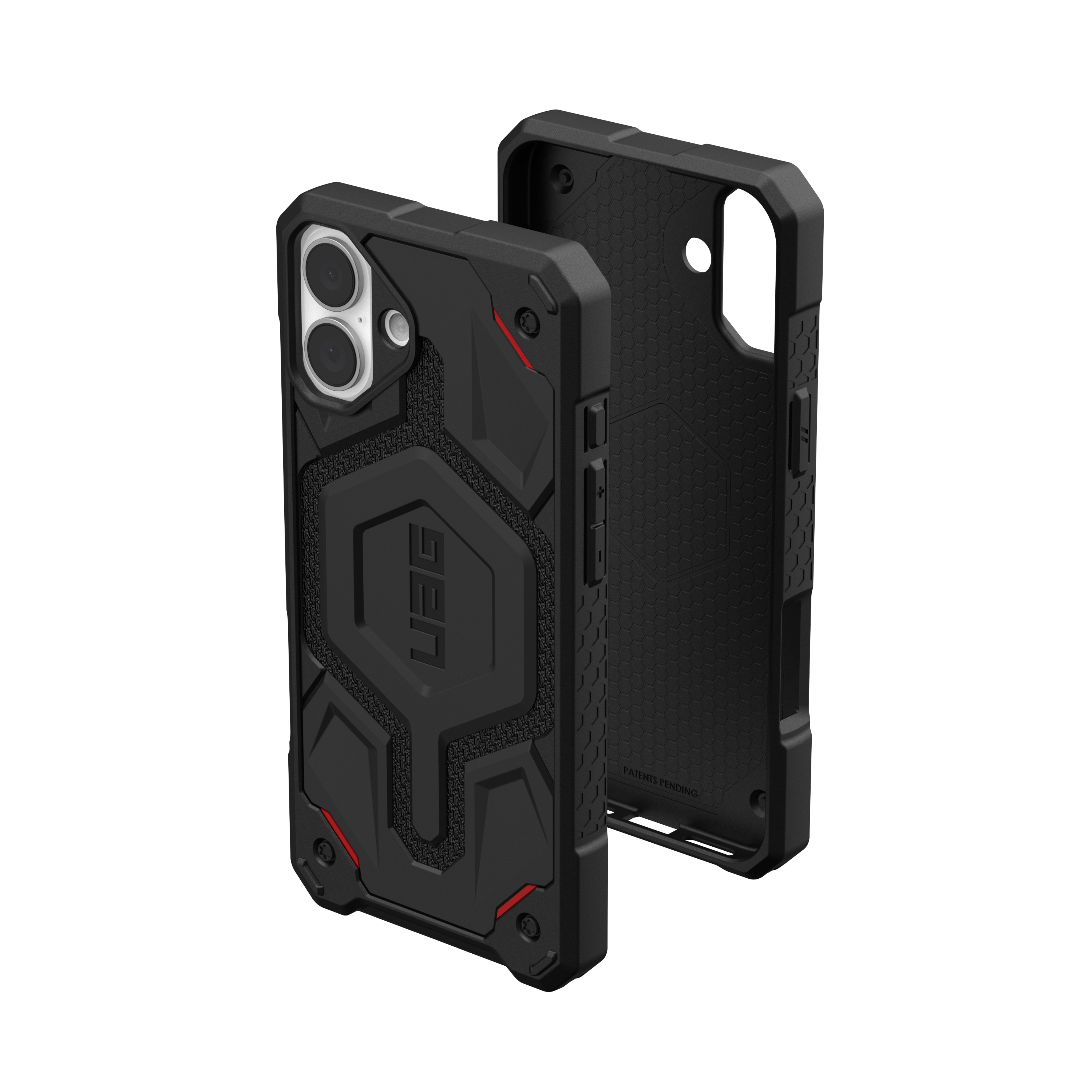 Eine schwarze Telefonhülle mit roten Akzenten und dem UAG-Logo.