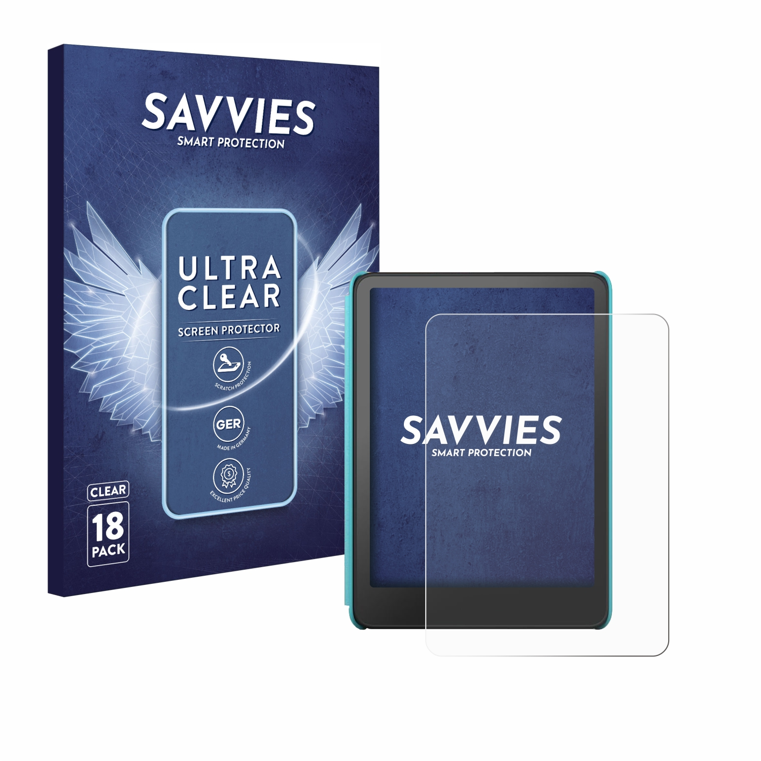 Eine Displayschutzfolie für einen E-Reader und eine Box mit dem Logo. Weißer Hintergrund.