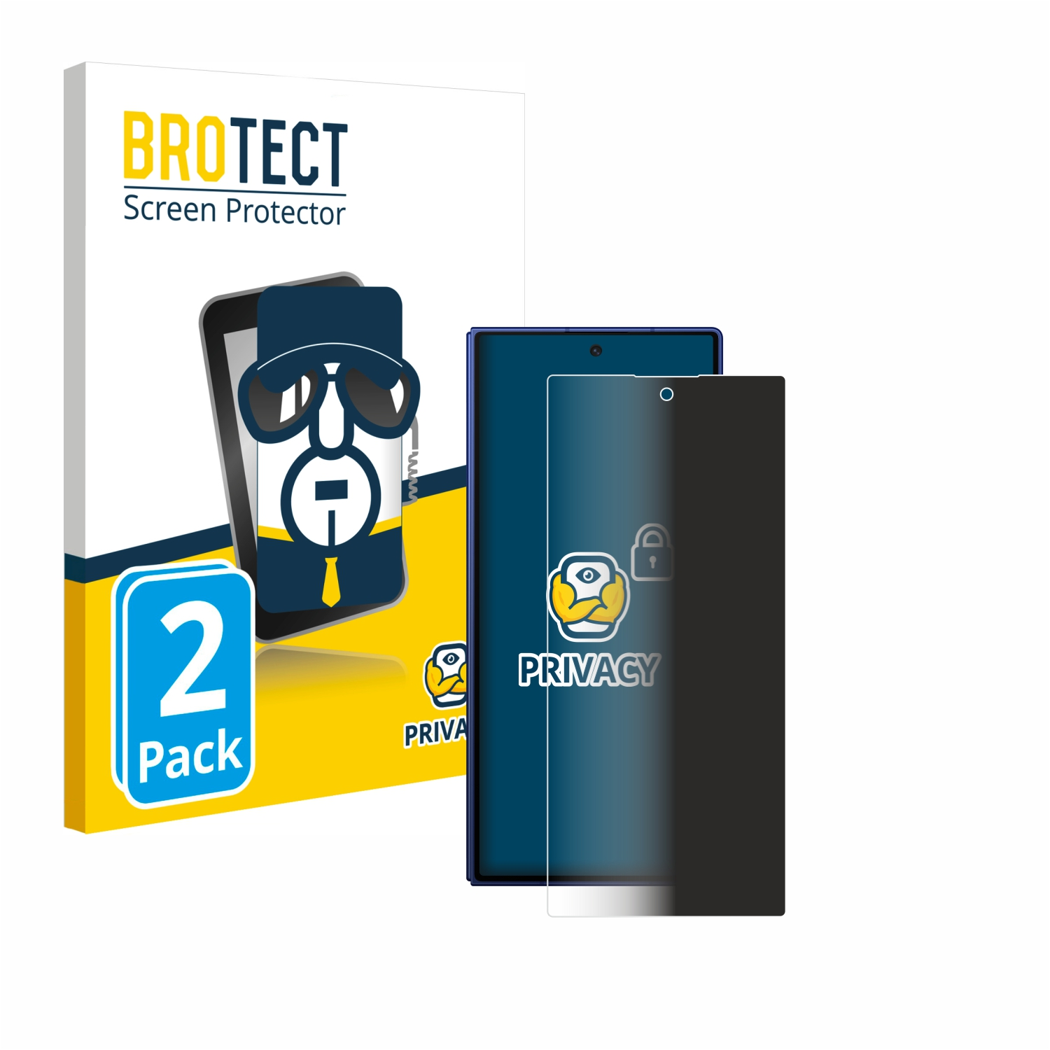 Ein Telefon mit Blickschutzfolien und Box. Die Box zeigt '2er Pack' und wirbt mit einem Schloss-Symbol für Privatsphäre.